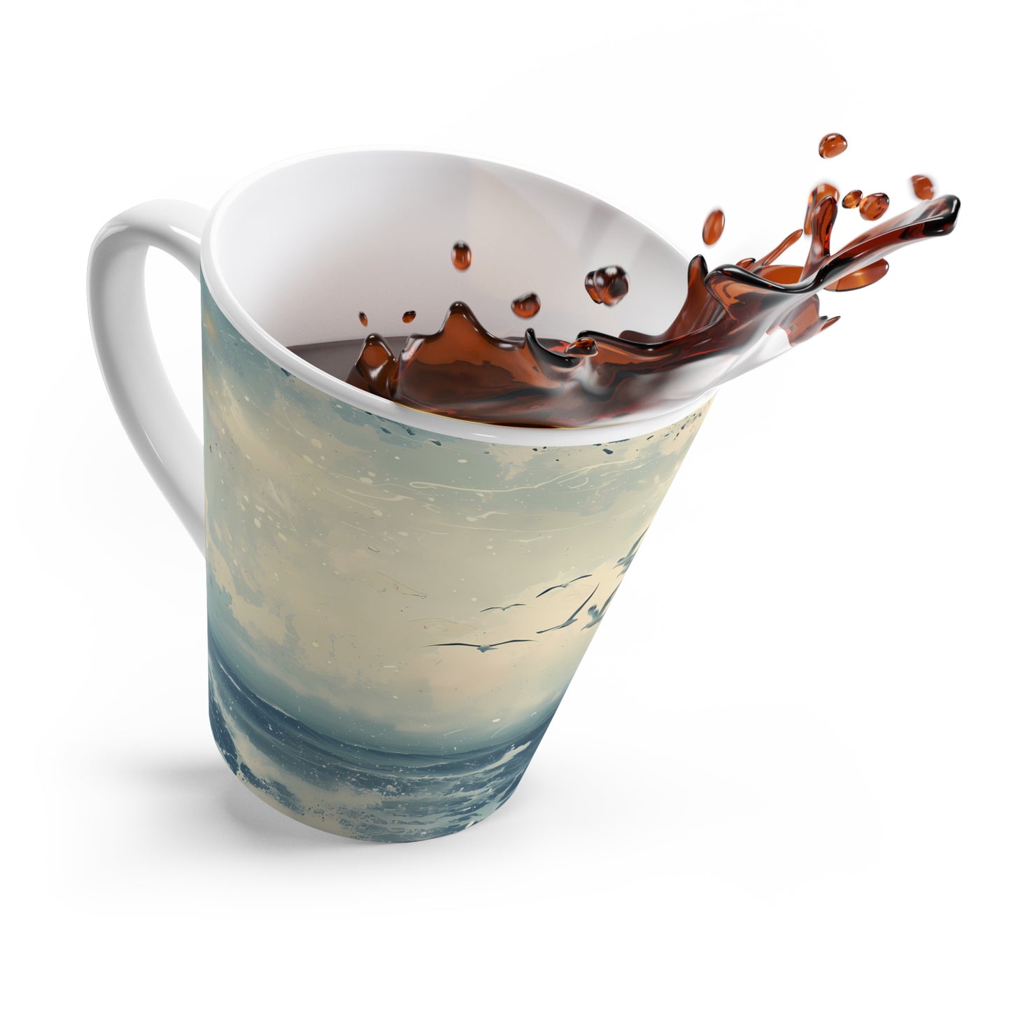 Seagulls Over Ocean Latte Mug | Coastal Beach Scene | Birds flying at beach