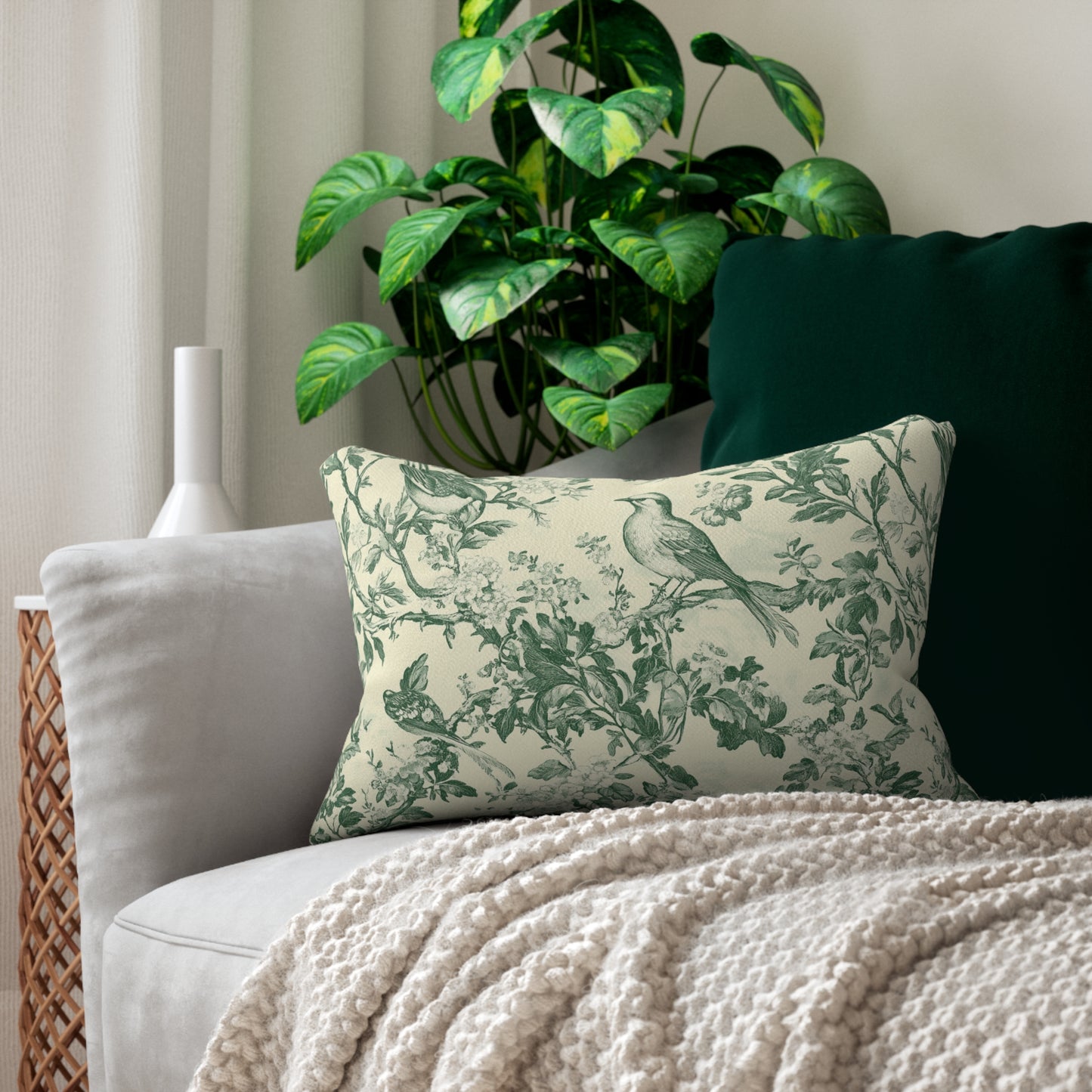 Toile Bird Lumbar Pillow — Green Botanical Throw Pillow