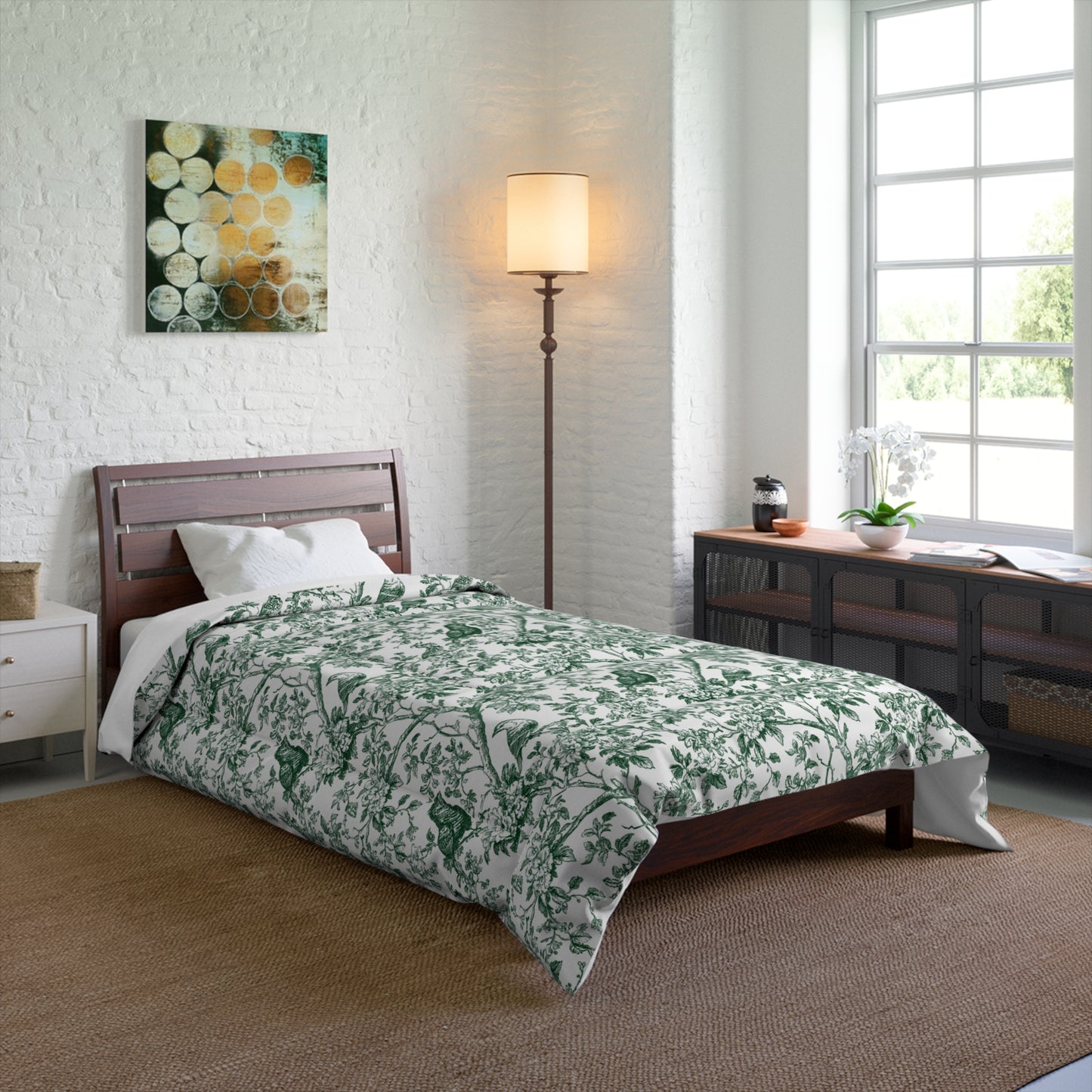 Botanical Bird Comforter - Green Toile Floral Pattern