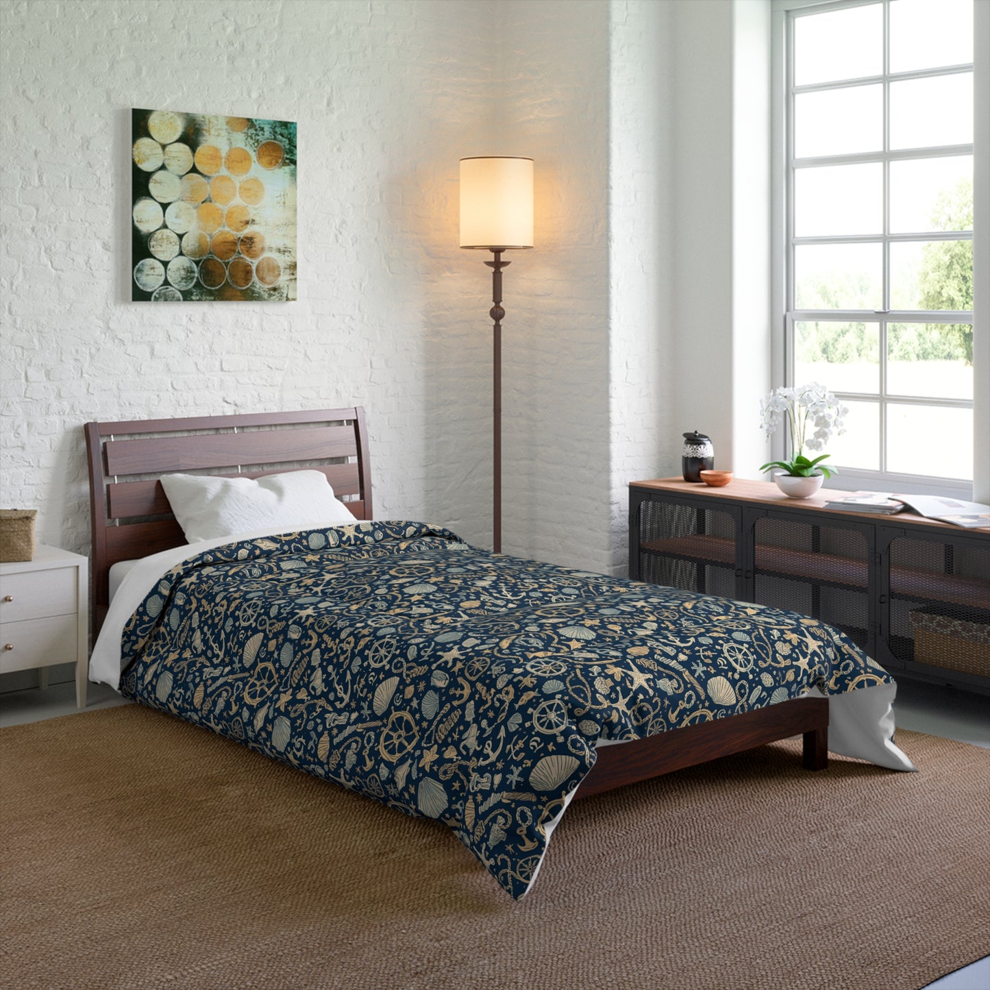 Navy Botanical Pattern Comforter — Coastal Floral Bedding