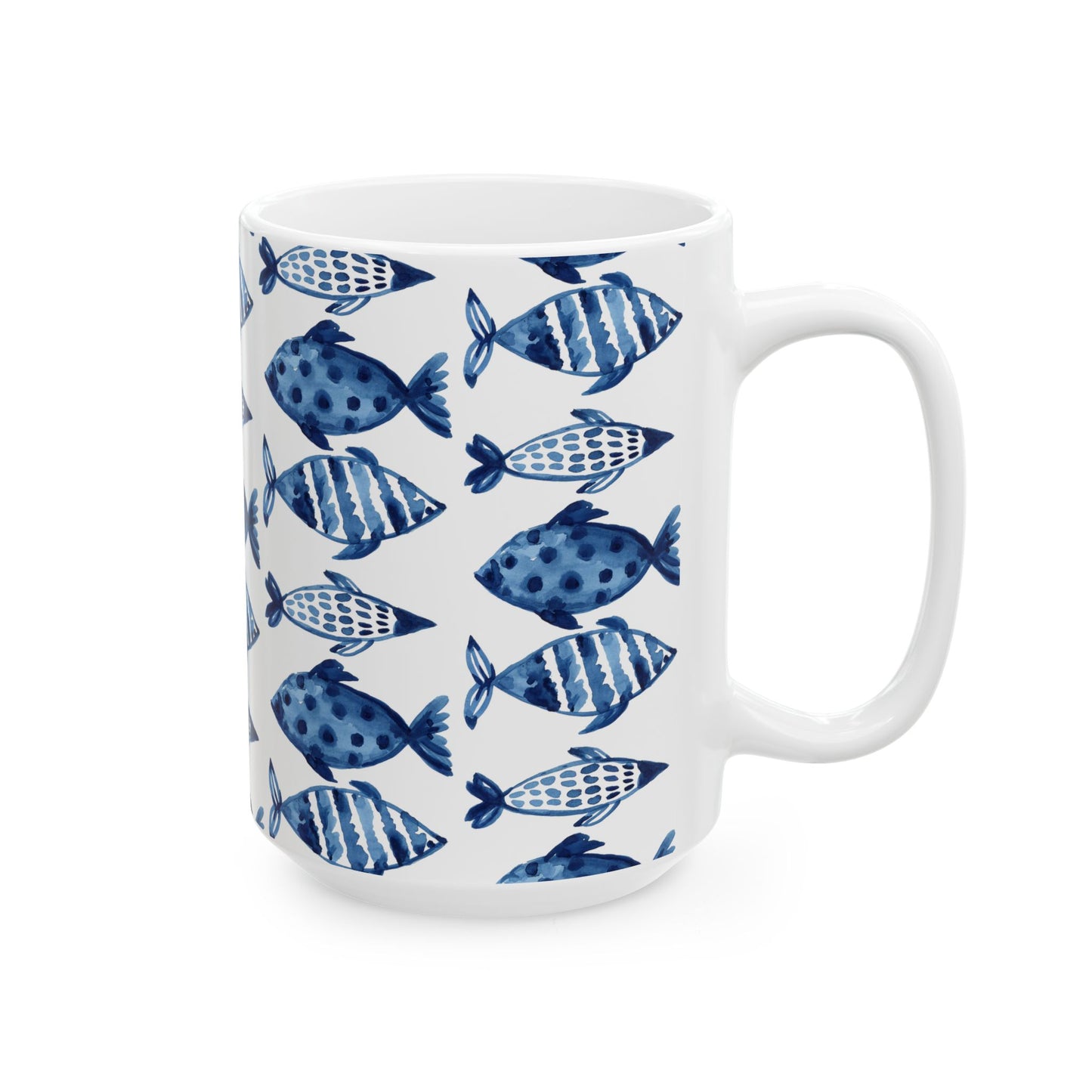 Blue Watercolor Fish Ceramic Mug — Nautical Ocean Pattern Coffee Cup (11oz, 15oz)