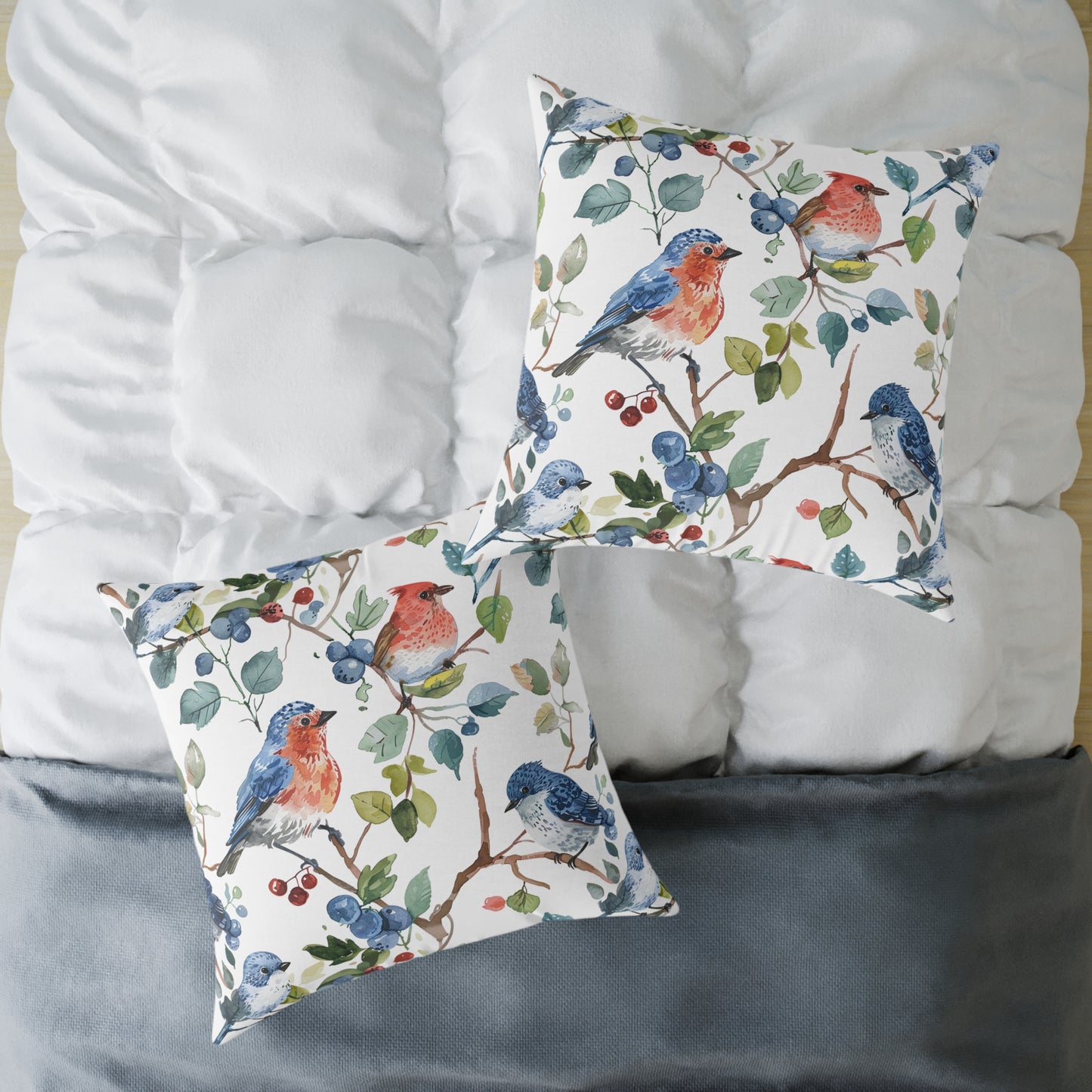 Bird Watercolor Pillow — Blue & Coral Songbirds on Branch Decorative Throw Pillow