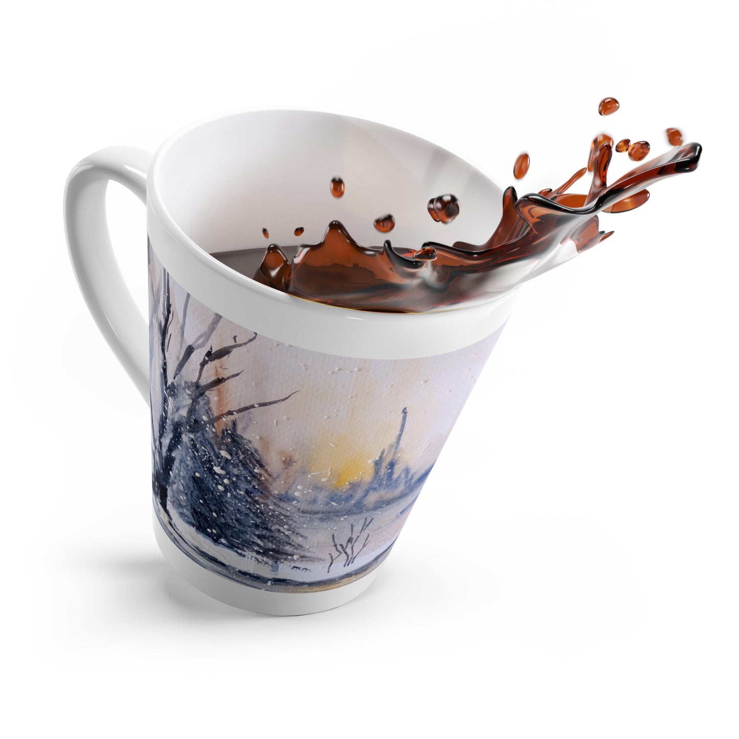 Winter Watercolor Latte Mug — Snowy Landscape Coffee Cup