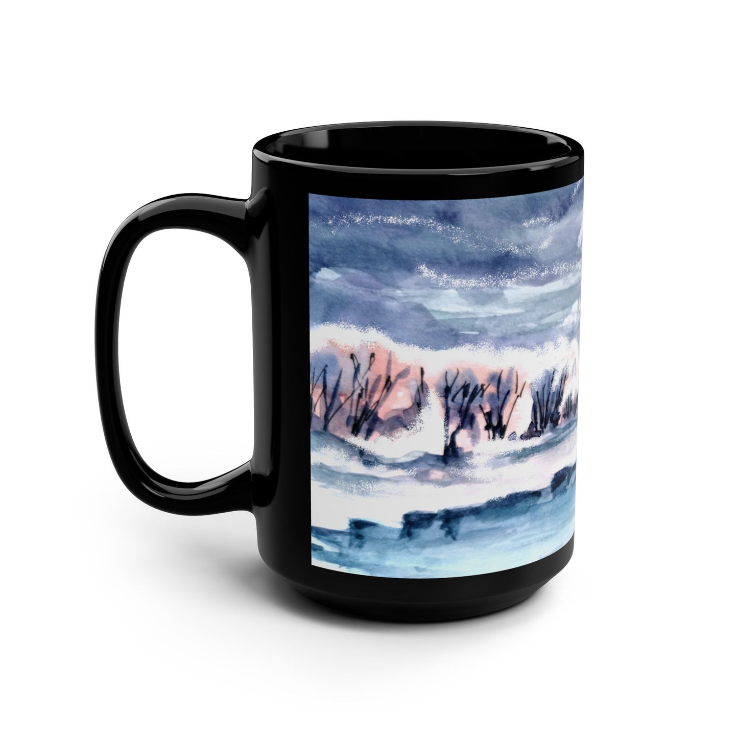 15oz Black Mug — Wintery Cozy Scene