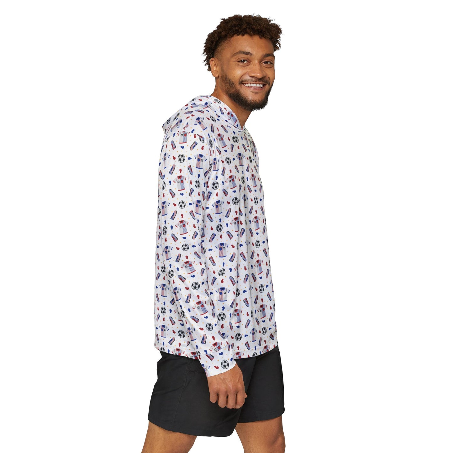 Men's Soccer Pattern Warmup Hoodie — All-Over Print Athletic Pullover