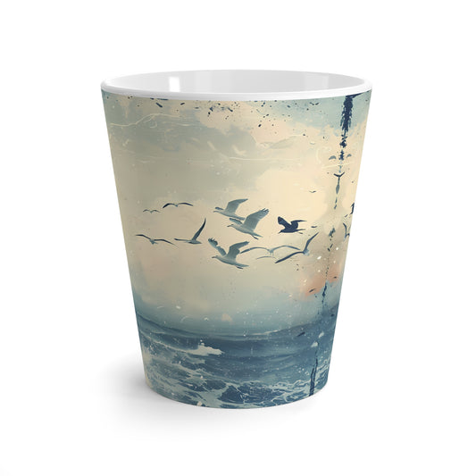 Seagulls Over Ocean Latte Mug | Coastal Beach Scene | Birds flying at beach
