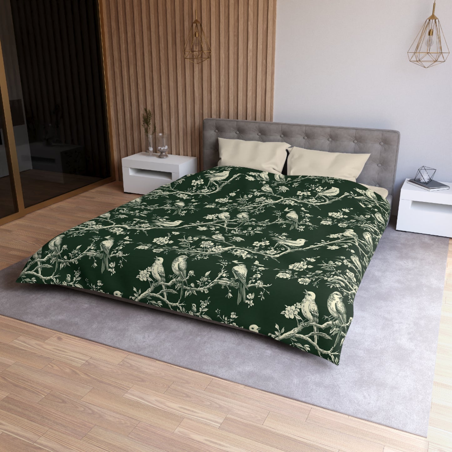Botanical Bird Duvet Cover – Vintage Floral Toile Bedding in Forest Green