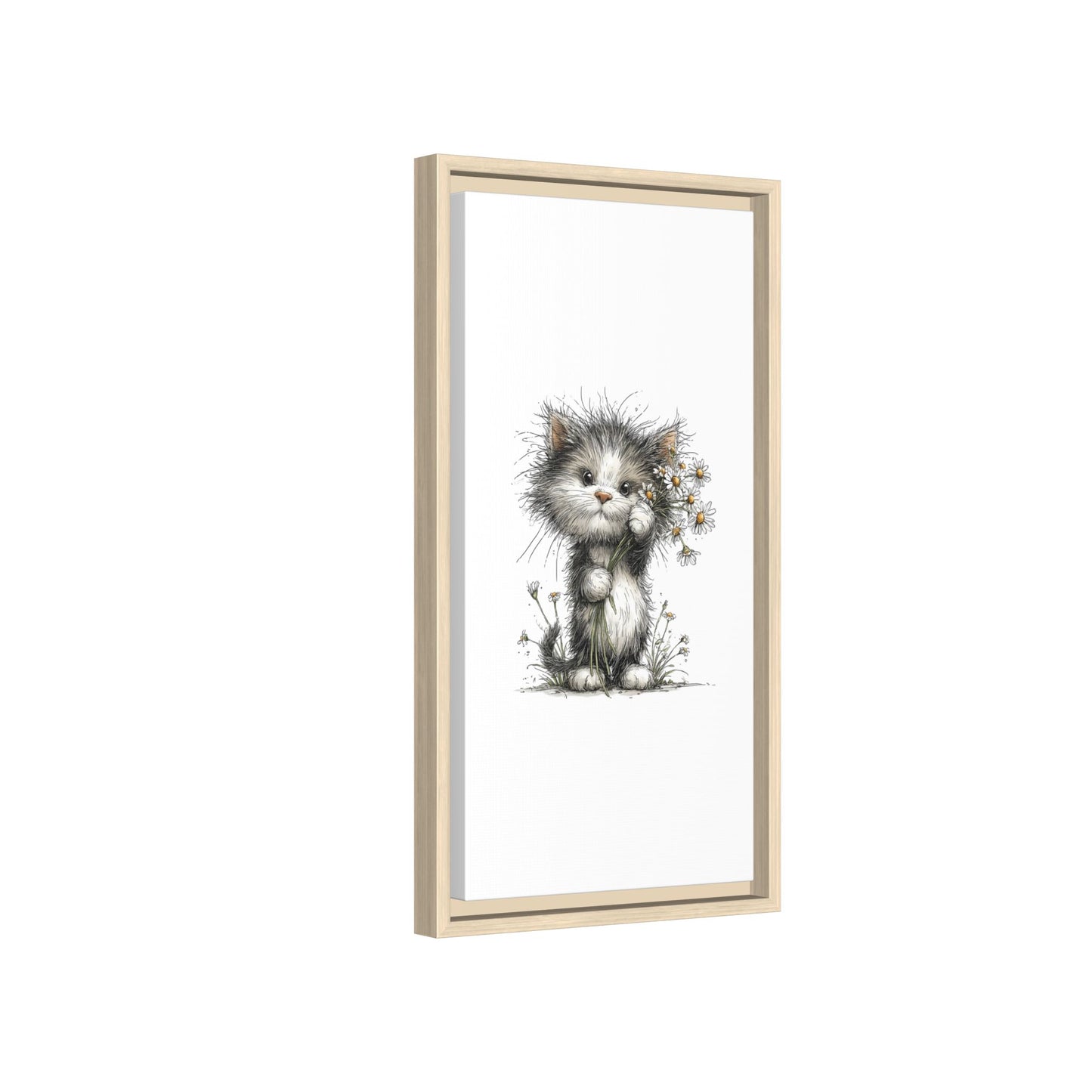 Playful Kitten with Dandelions Matte Canvas Framed Wall Art | Nursery Bedroom Decor