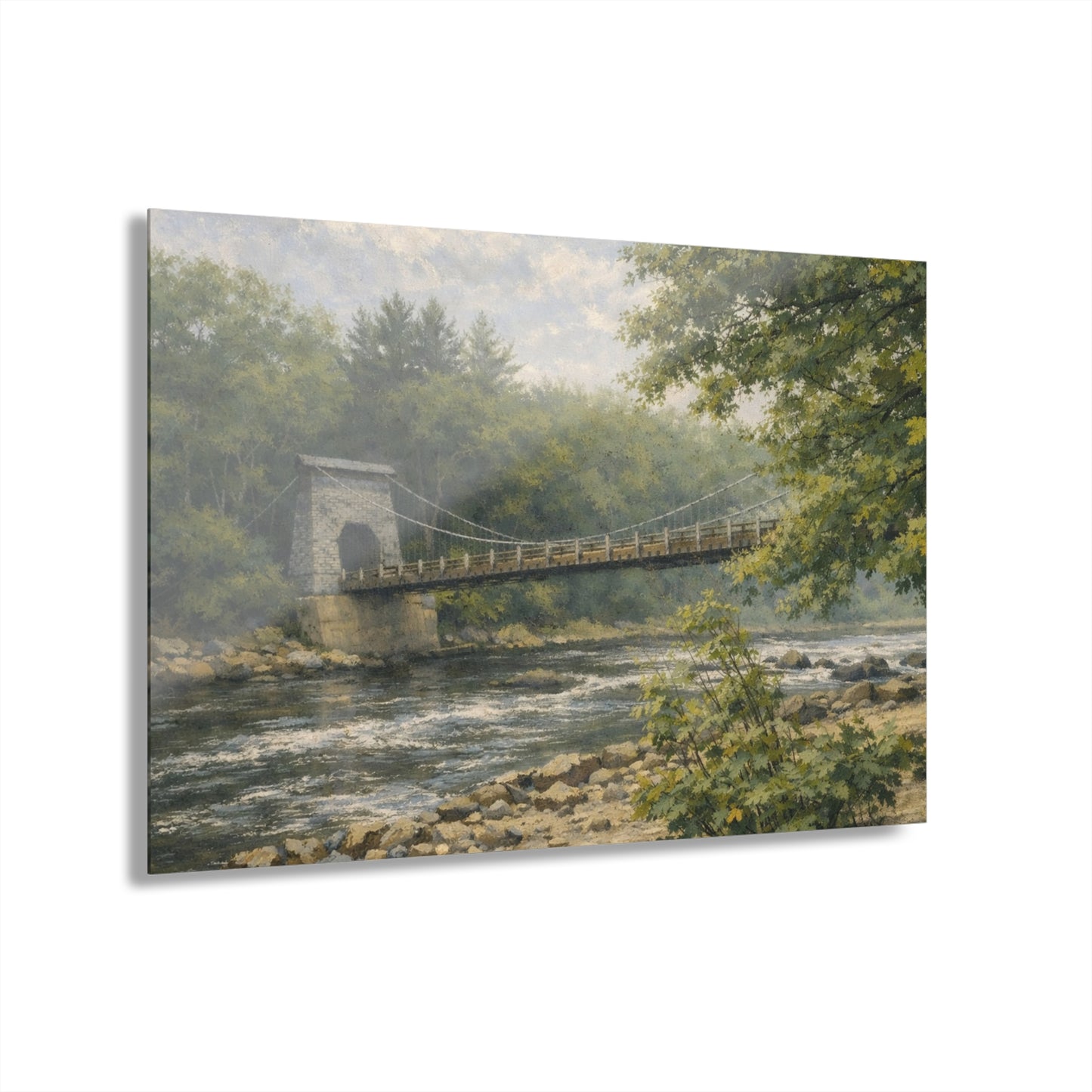 Misty Wire Bridge Acrylic Wall Art — New Portland Landscape (French Cleat Hanging)