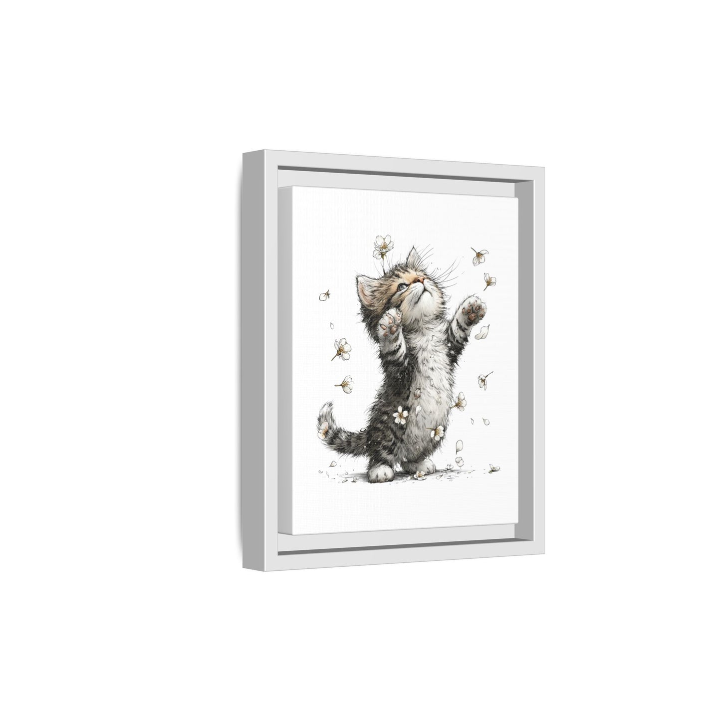 Playful Kitten with Dandelions Matte Canvas Framed Wall Art | Nursery Bedroom Decor