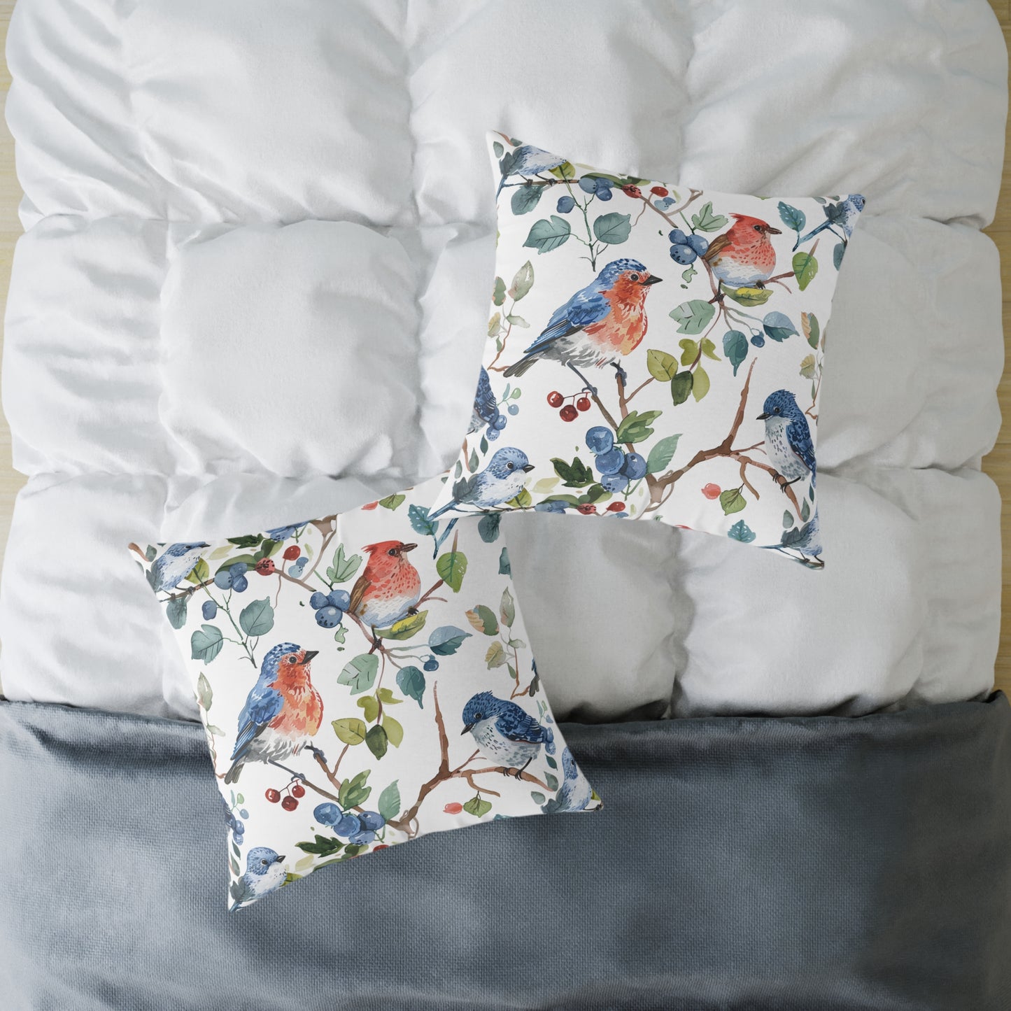 Bird Watercolor Pillow — Blue & Coral Songbirds on Branch Decorative Throw Pillow
