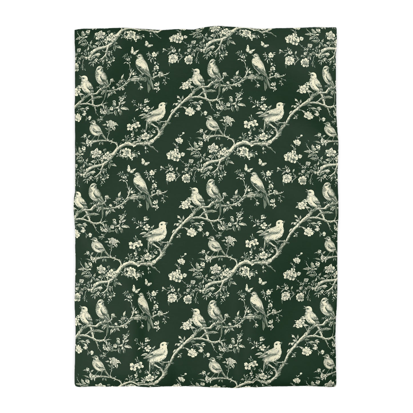Botanical Bird Duvet Cover – Vintage Floral Toile Bedding in Forest Green