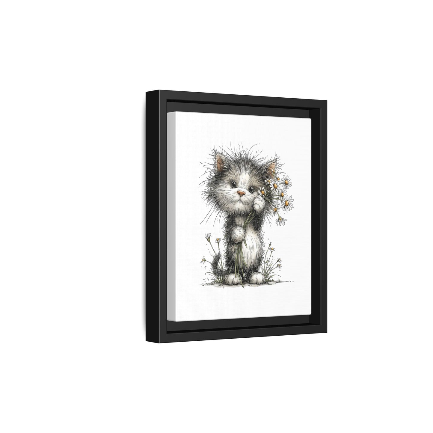 Playful Kitten with Dandelions Matte Canvas Framed Wall Art | Nursery Bedroom Decor
