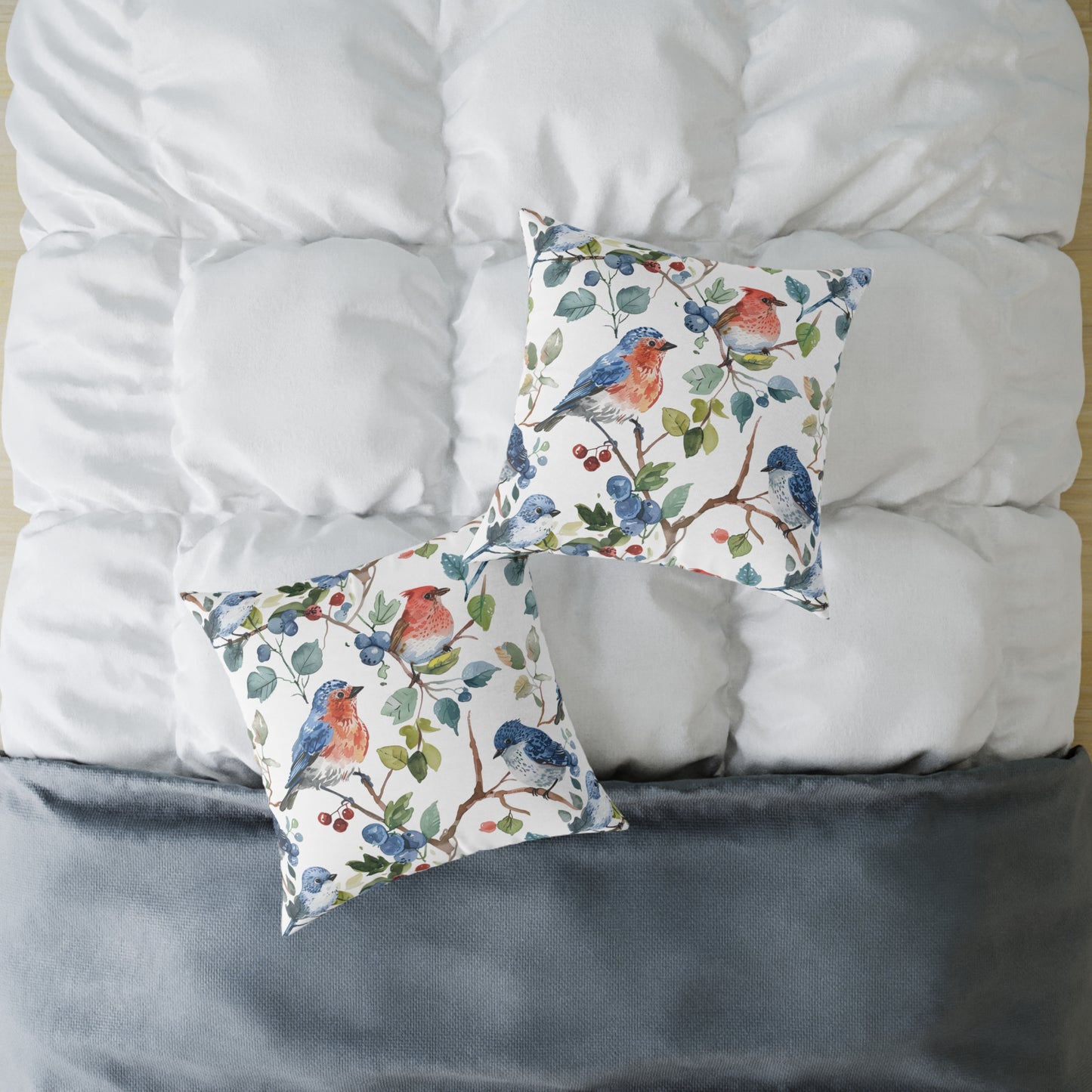Bird Watercolor Pillow — Blue & Coral Songbirds on Branch Decorative Throw Pillow