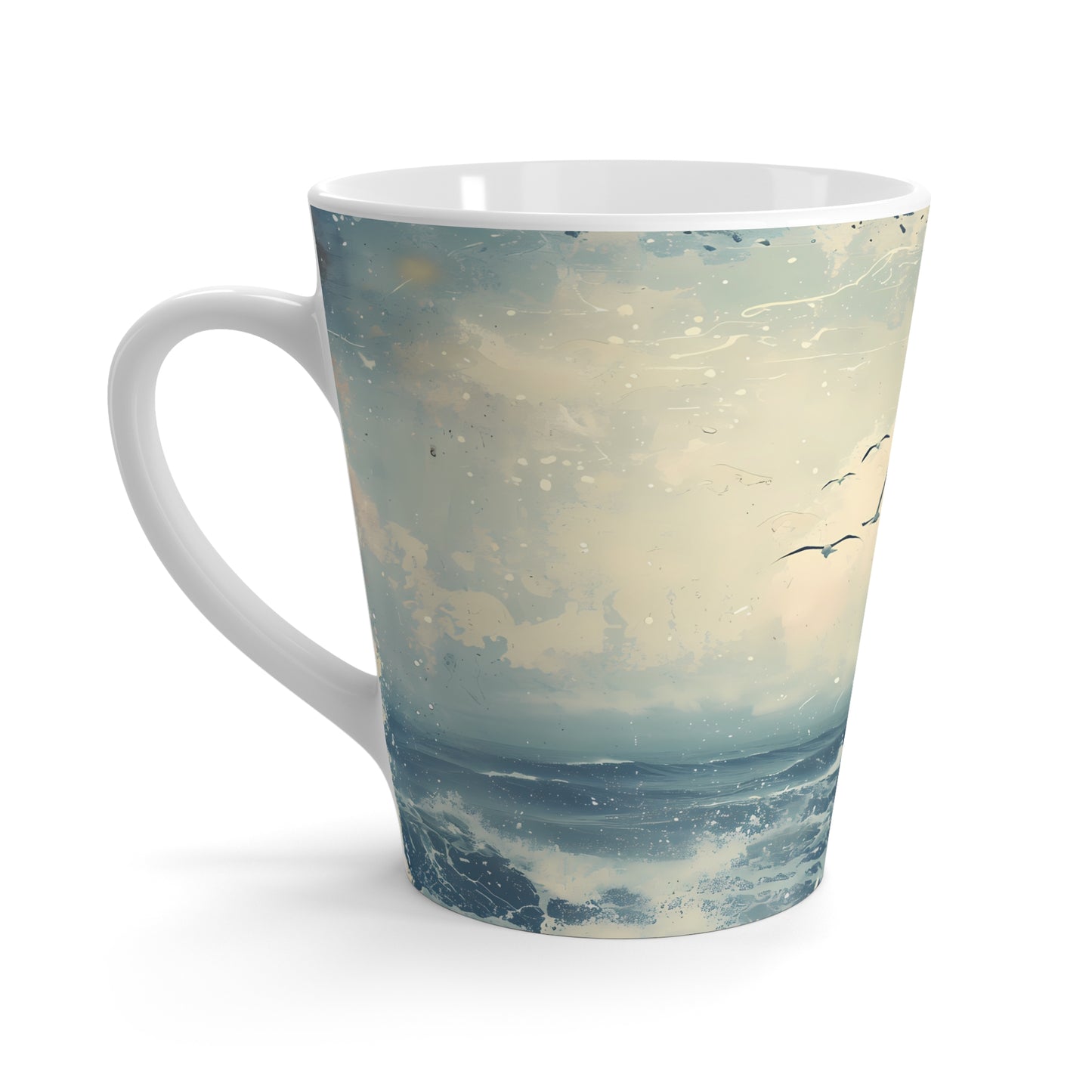 Seagulls Over Ocean Latte Mug | Coastal Beach Scene | Birds flying at beach
