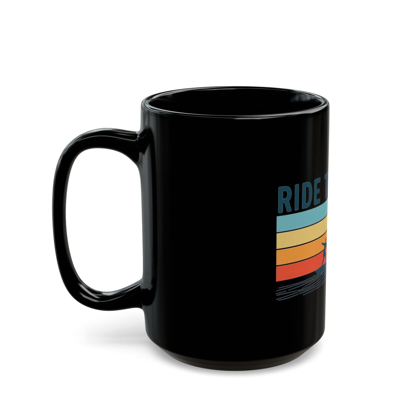 Ride the Wave Surf Retro Stripe Mug | Black Ceramic Coffee Cup