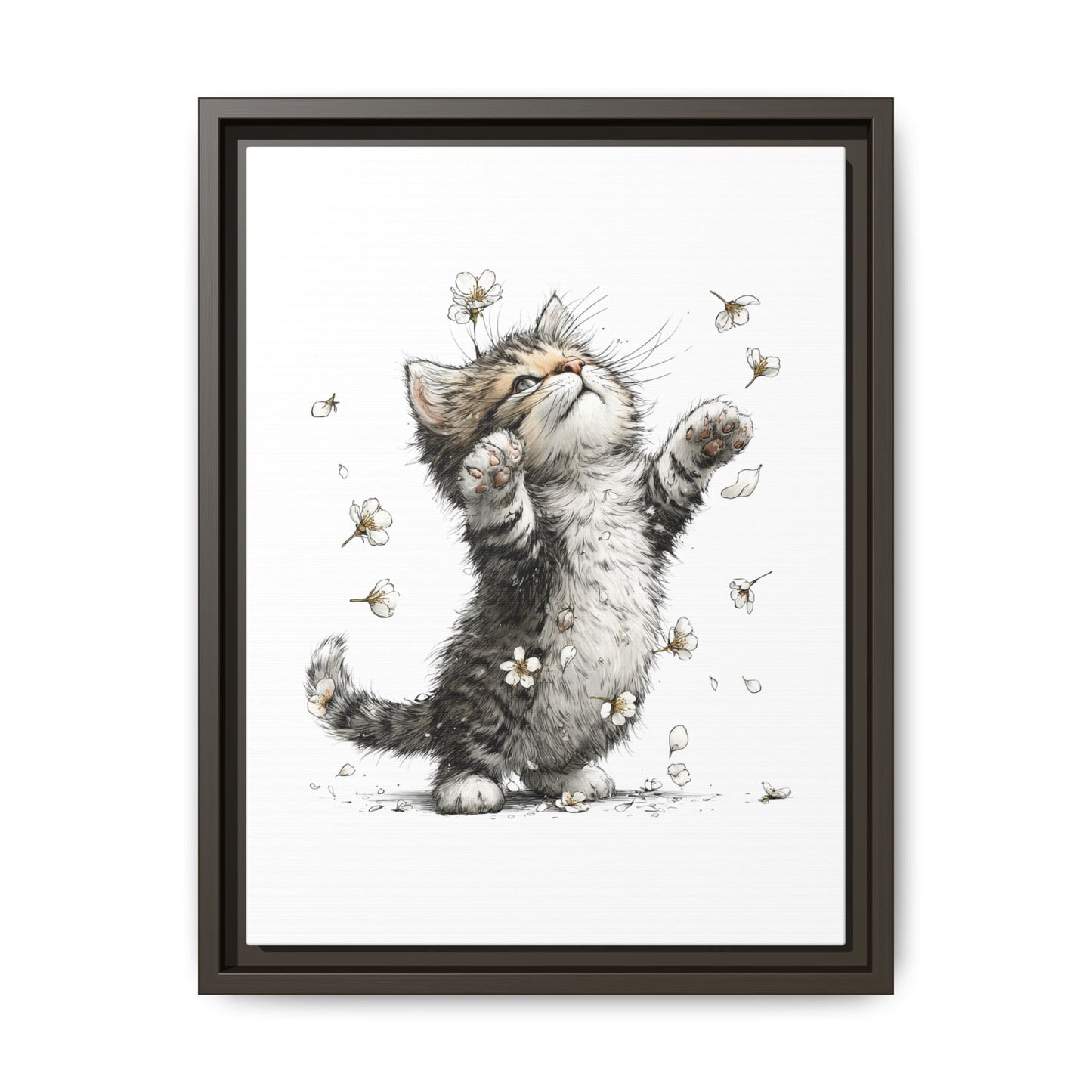 Playful Kitten with Dandelions Matte Canvas Framed Wall Art | Nursery Bedroom Decor