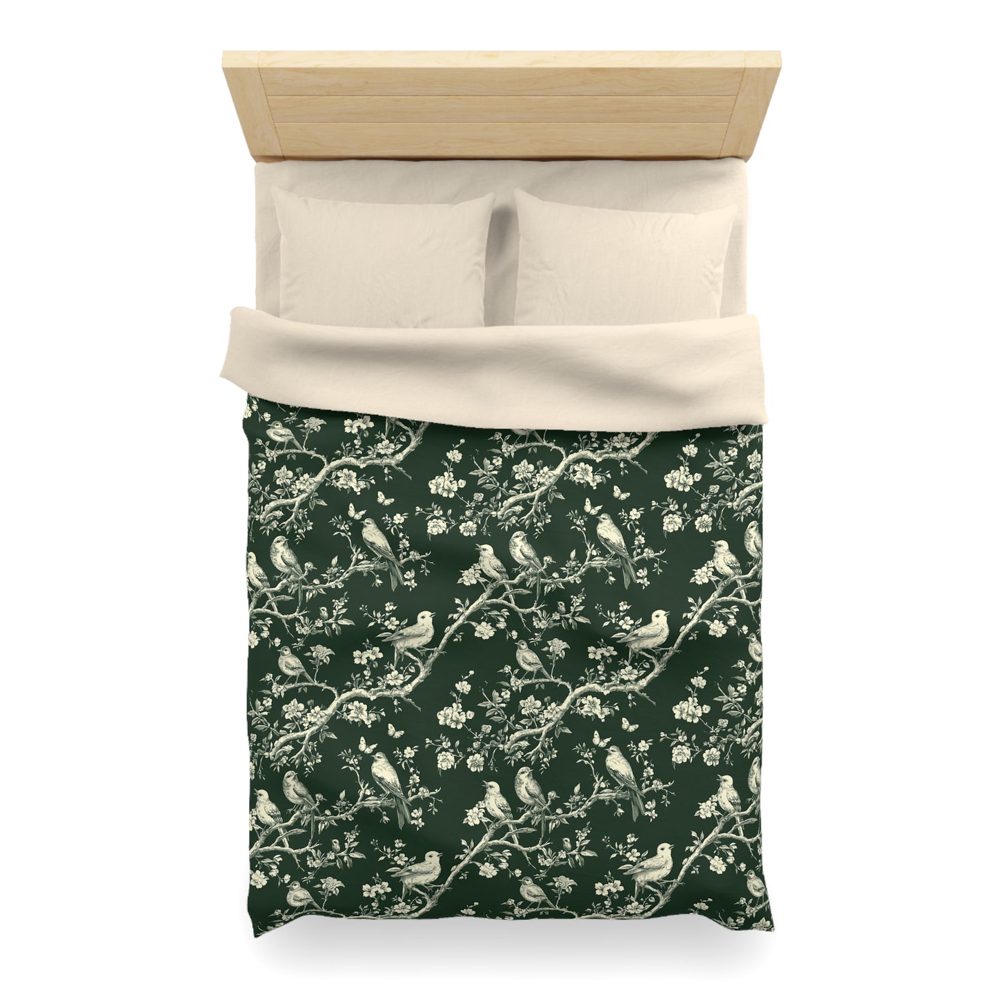 Botanical Bird Duvet Cover – Vintage Floral Toile Bedding in Forest Green