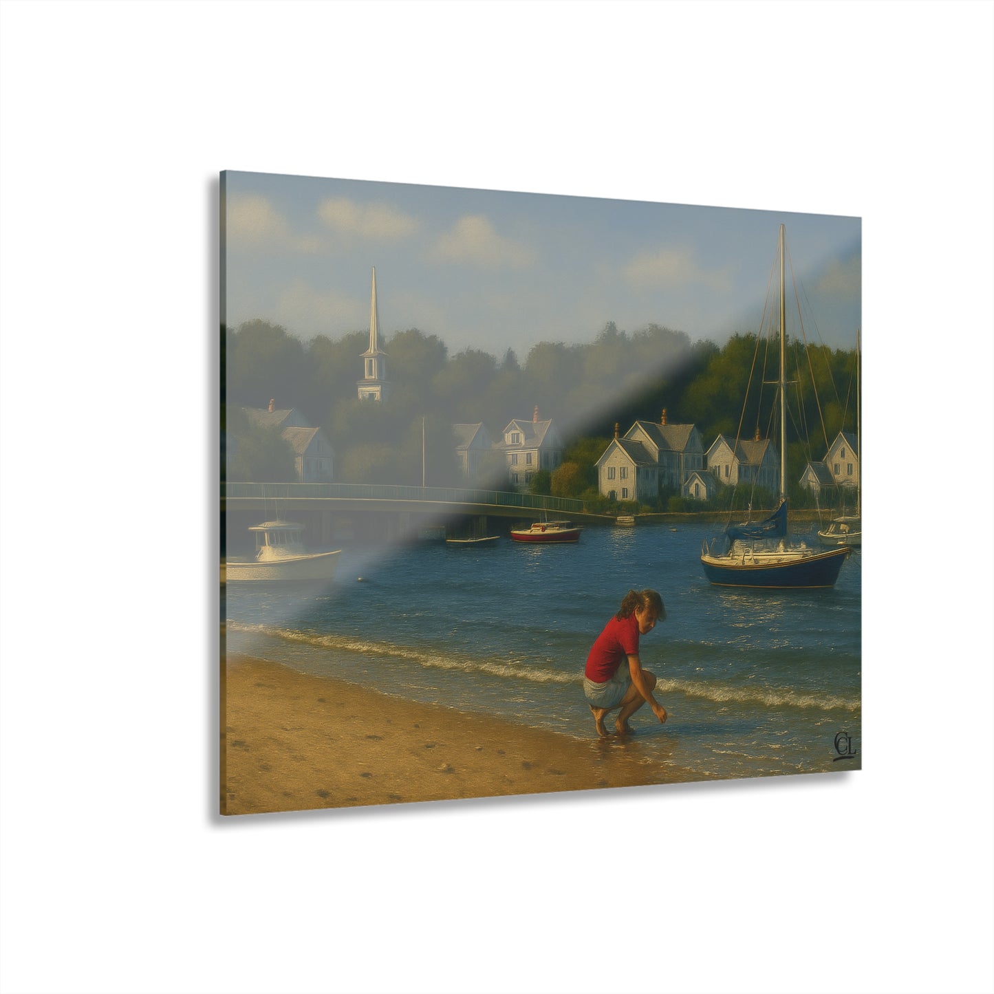 Padanaram Harbor Acrylic Print — Sunlit Beach & Sailboats (French Cleat Hanging)