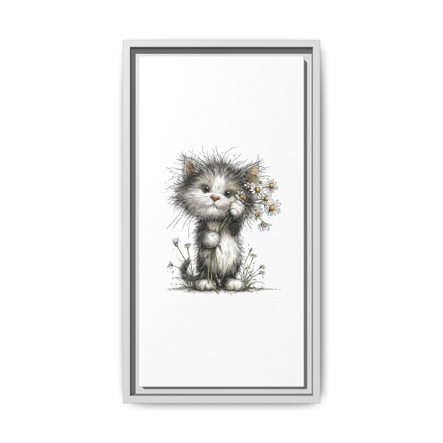 Playful Kitten with Dandelions Matte Canvas Framed Wall Art | Nursery Bedroom Decor