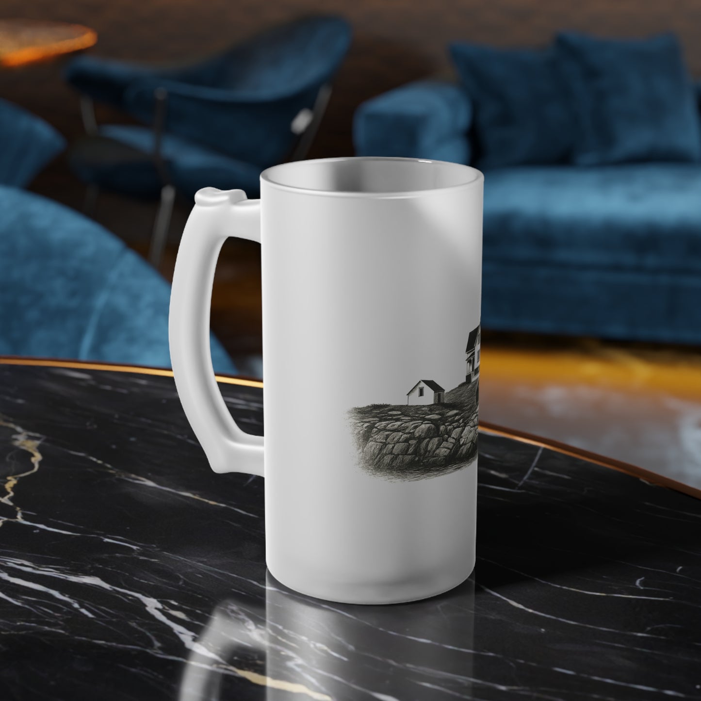 Coastal Nubble Lighthouse Frosted Glass Beer Mug — Illustrated Pint