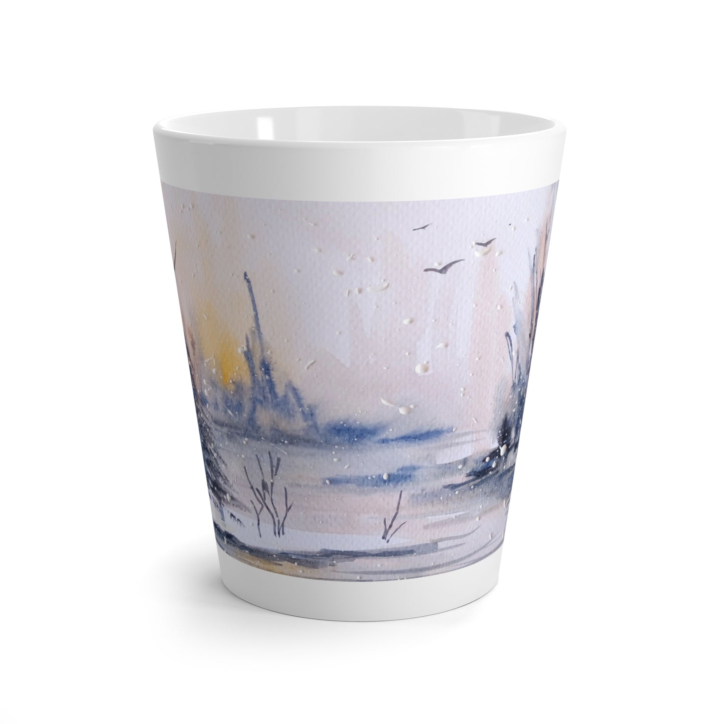 Winter Watercolor Latte Mug — Snowy Landscape Coffee Cup