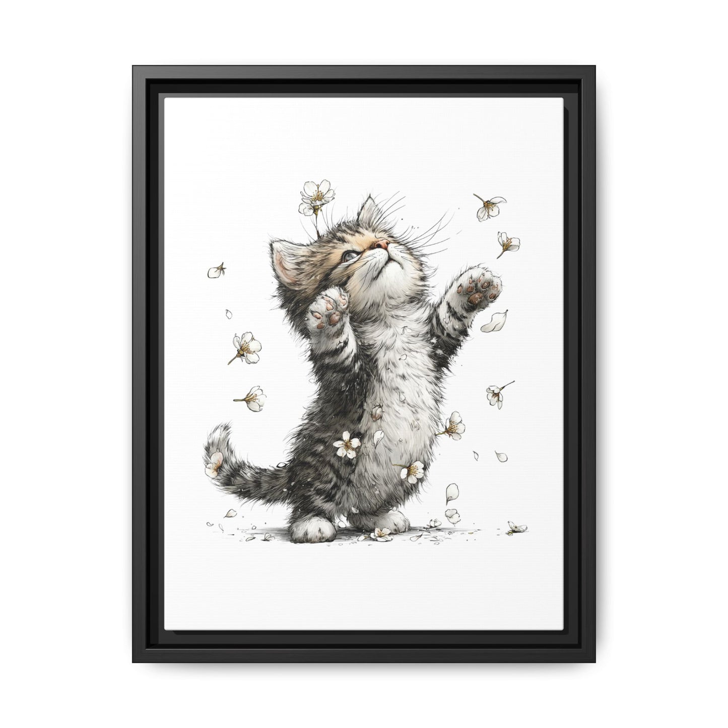 Playful Kitten with Dandelions Matte Canvas Framed Wall Art | Nursery Bedroom Decor