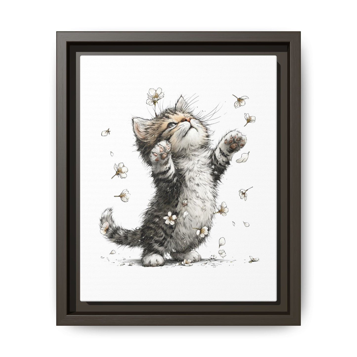 Playful Kitten with Dandelions Matte Canvas Framed Wall Art | Nursery Bedroom Decor