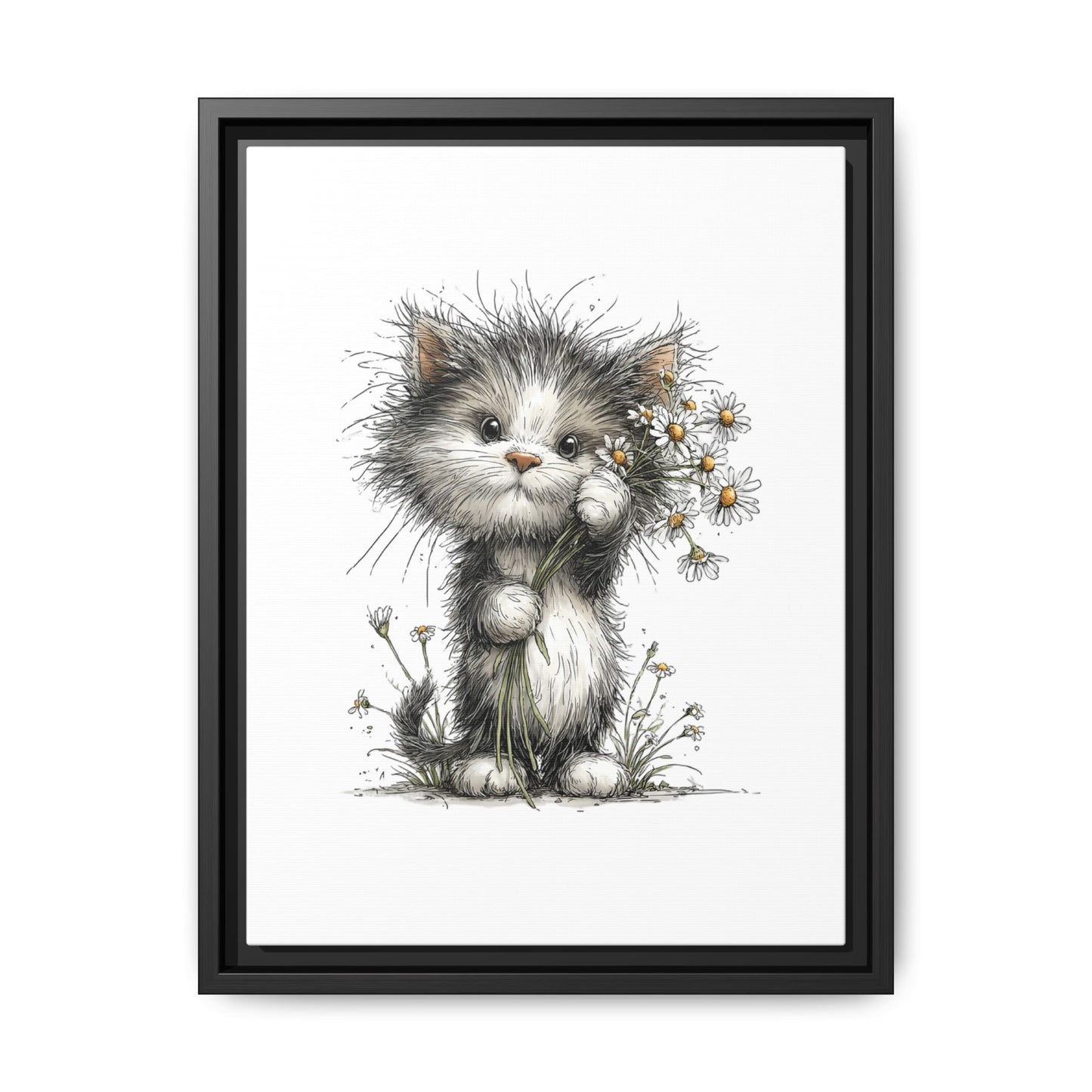 Playful Kitten with Dandelions Matte Canvas Framed Wall Art | Nursery Bedroom Decor