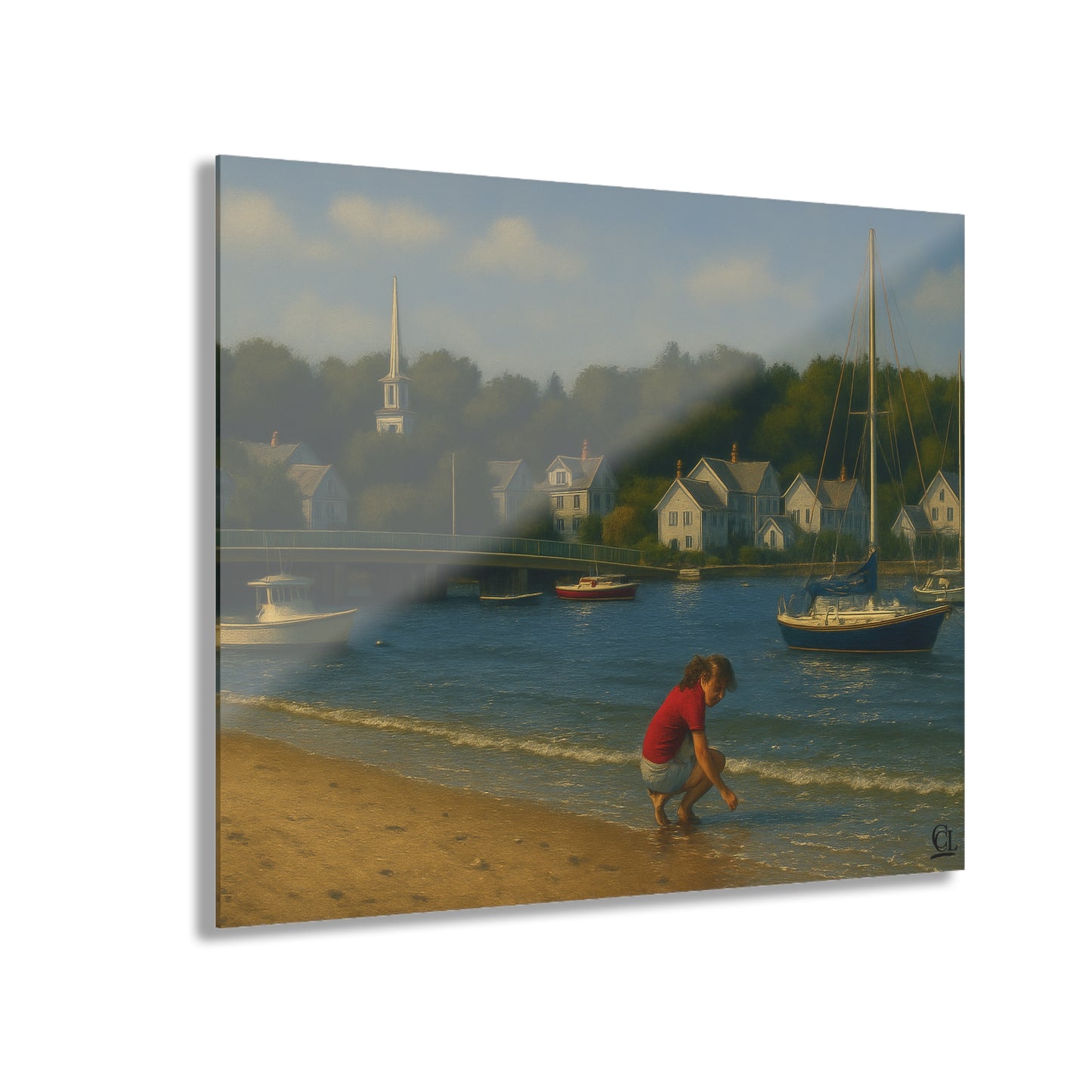 Padanaram Harbor Acrylic Print — Sunlit Beach & Sailboats (French Cleat Hanging)