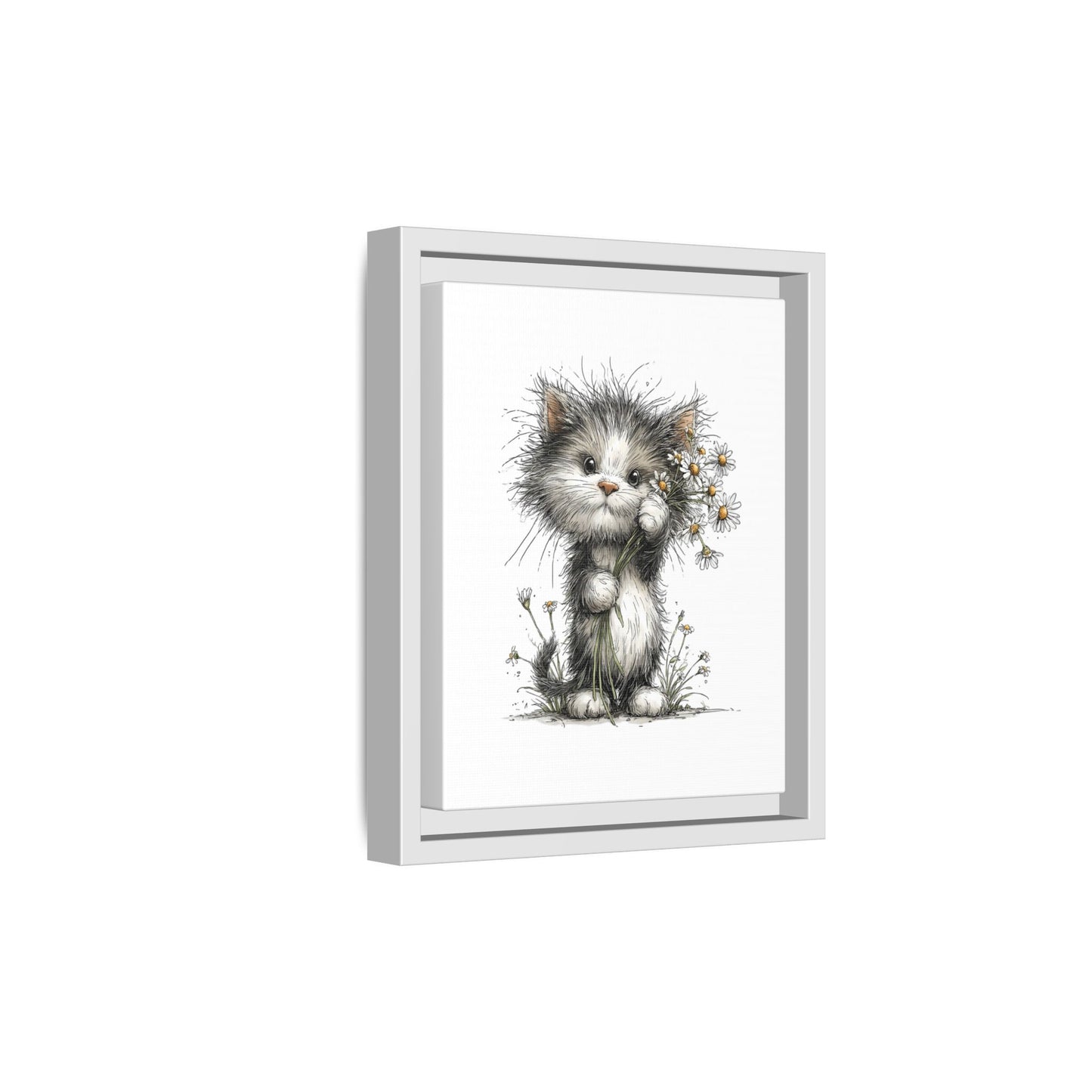 Playful Kitten with Dandelions Matte Canvas Framed Wall Art | Nursery Bedroom Decor
