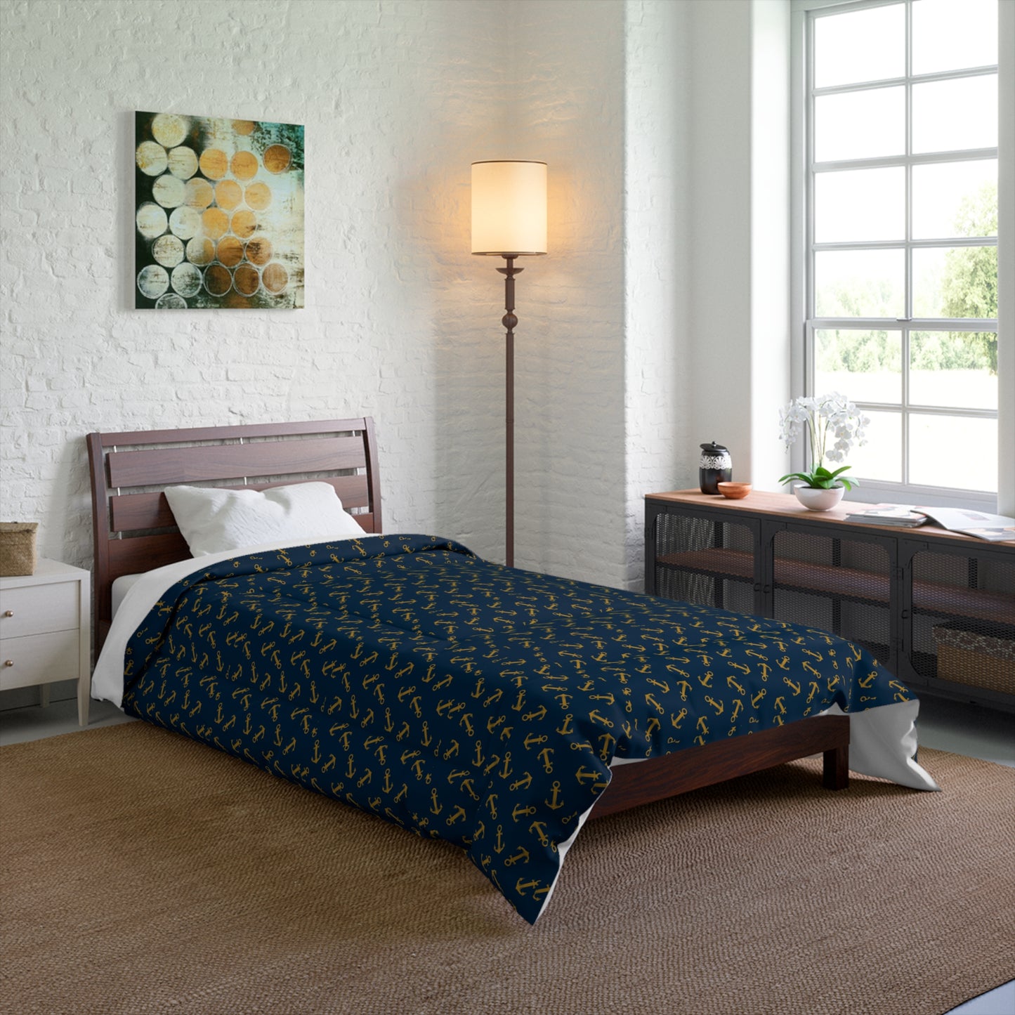 Navy & Gold Anchor Comforter — Nautical Anchor Pattern Bedspread