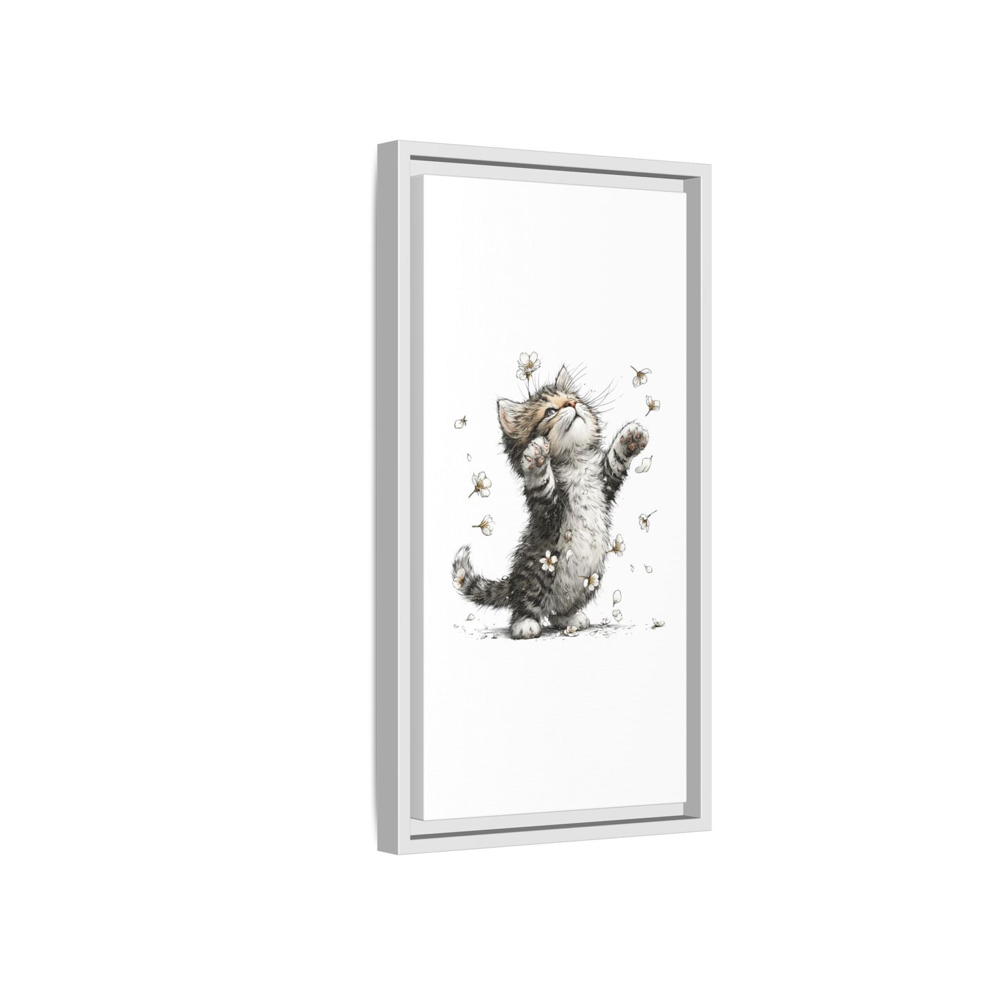 Playful Kitten with Dandelions Matte Canvas Framed Wall Art | Nursery Bedroom Decor