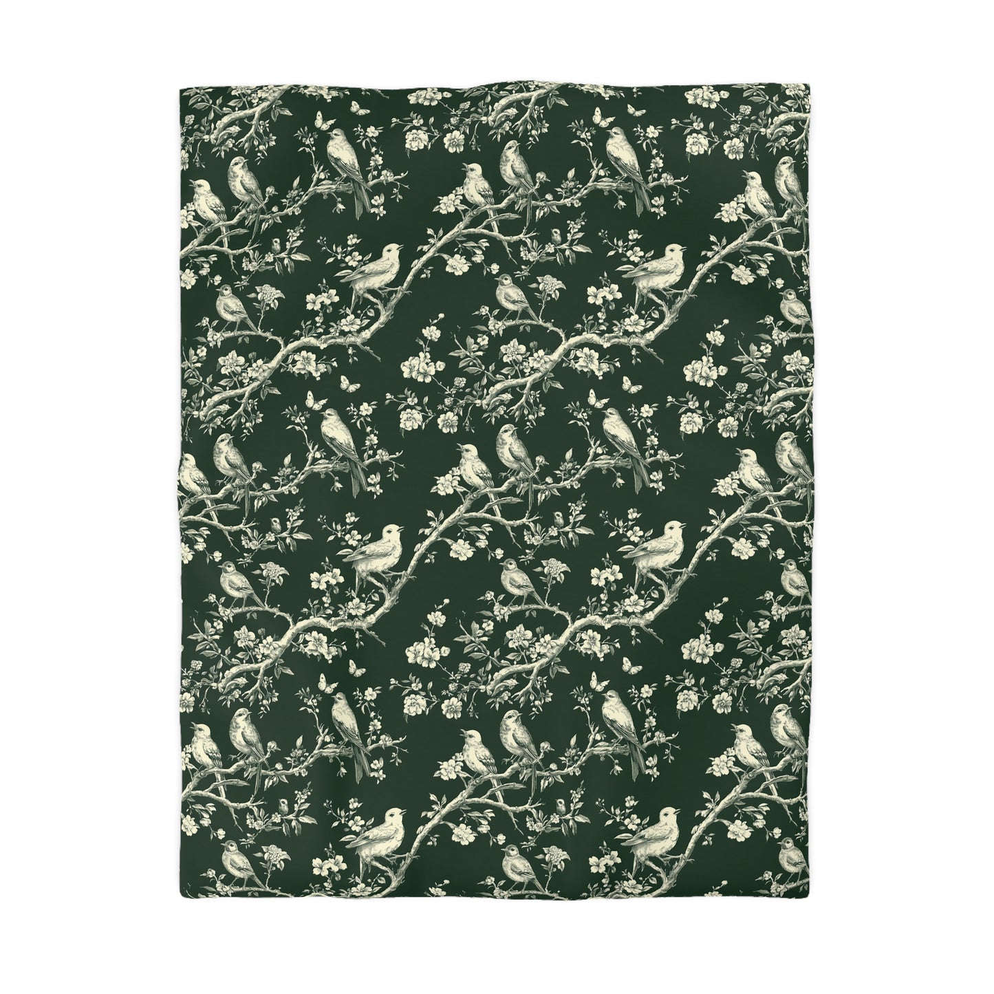 Botanical Bird Duvet Cover – Vintage Floral Toile Bedding in Forest Green
