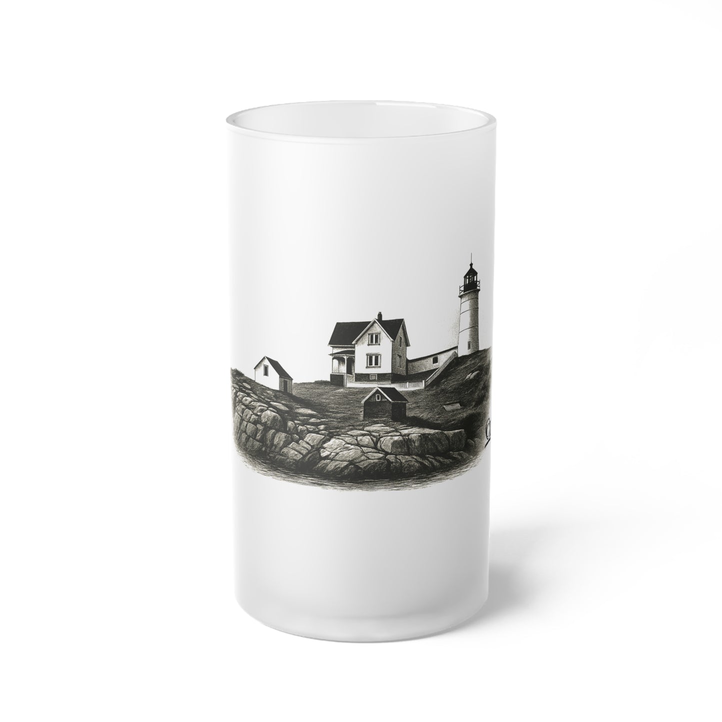Coastal Nubble Lighthouse Frosted Glass Beer Mug — Illustrated Pint