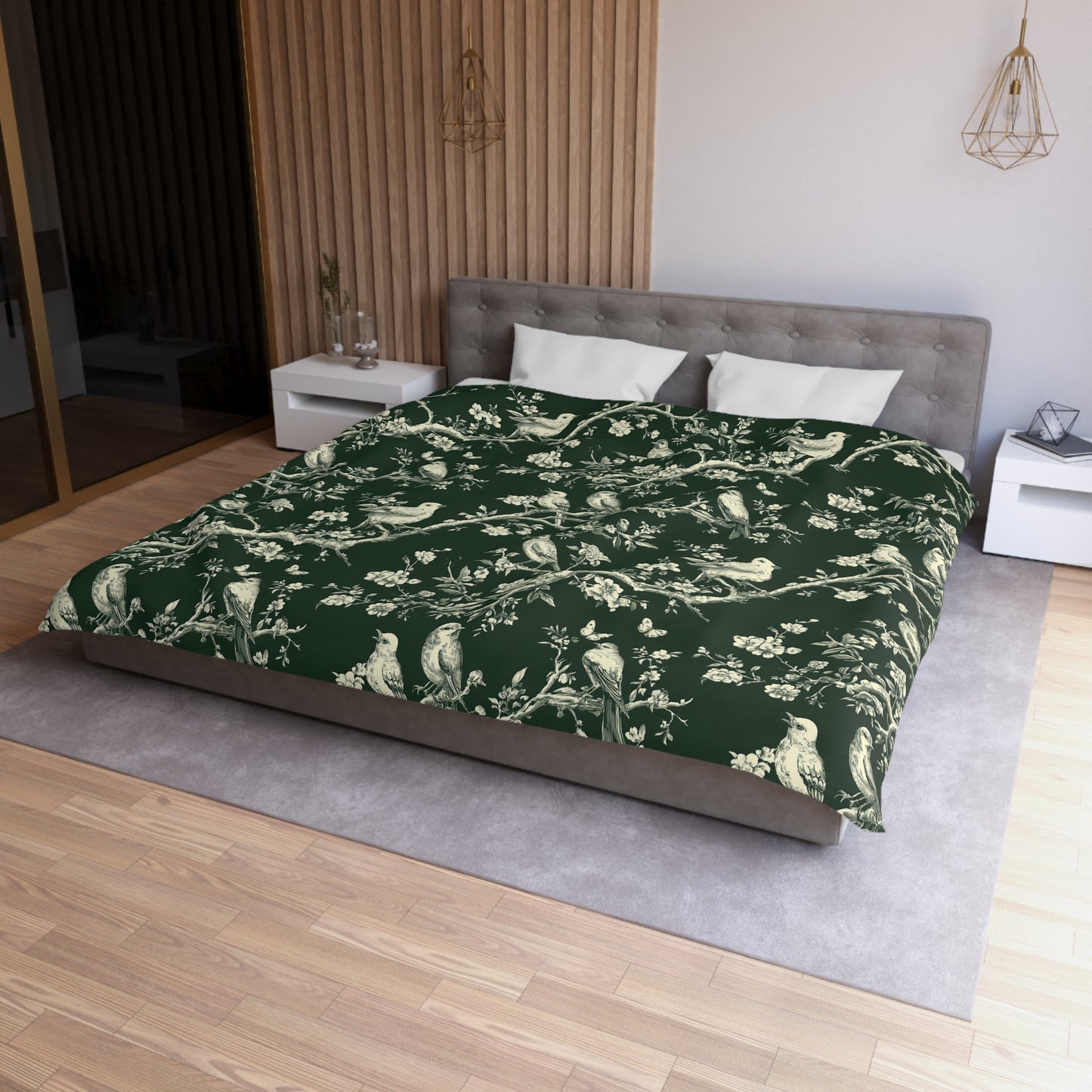 Botanical Bird Duvet Cover – Vintage Floral Toile Bedding in Forest Green