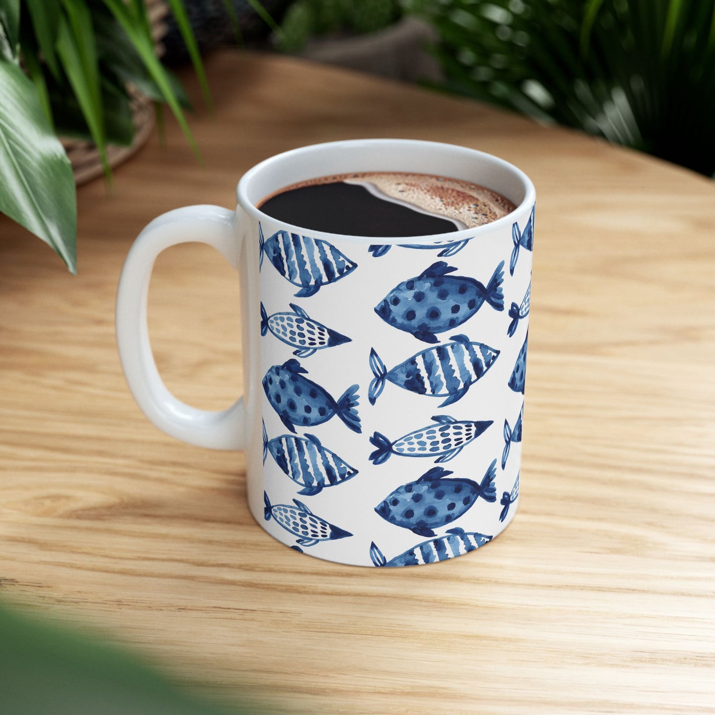Blue Watercolor Fish Ceramic Mug — Nautical Ocean Pattern Coffee Cup (11oz, 15oz)