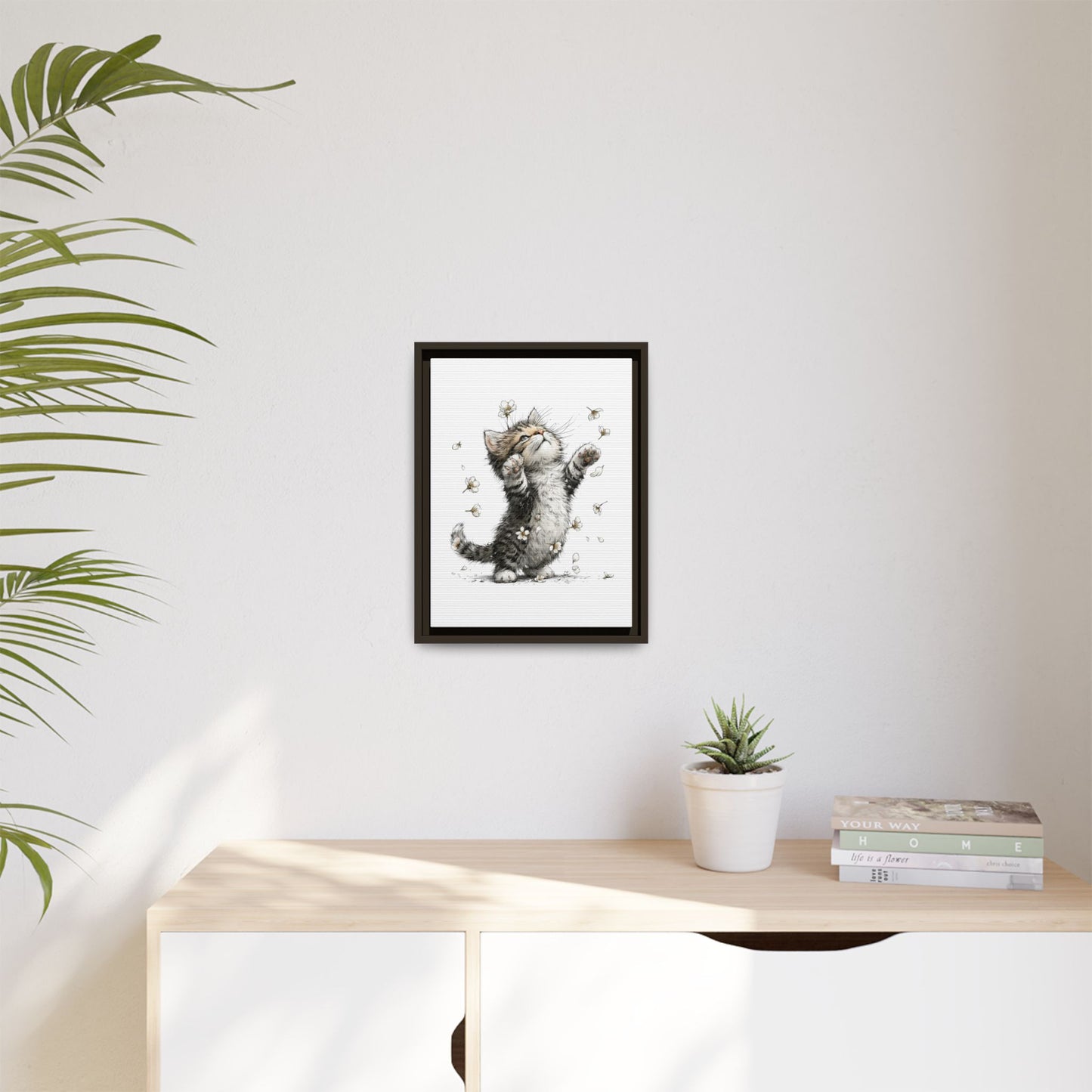 Playful Kitten with Dandelions Matte Canvas Framed Wall Art | Nursery Bedroom Decor
