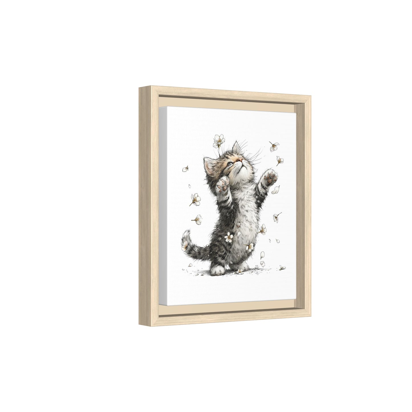 Playful Kitten with Dandelions Matte Canvas Framed Wall Art | Nursery Bedroom Decor