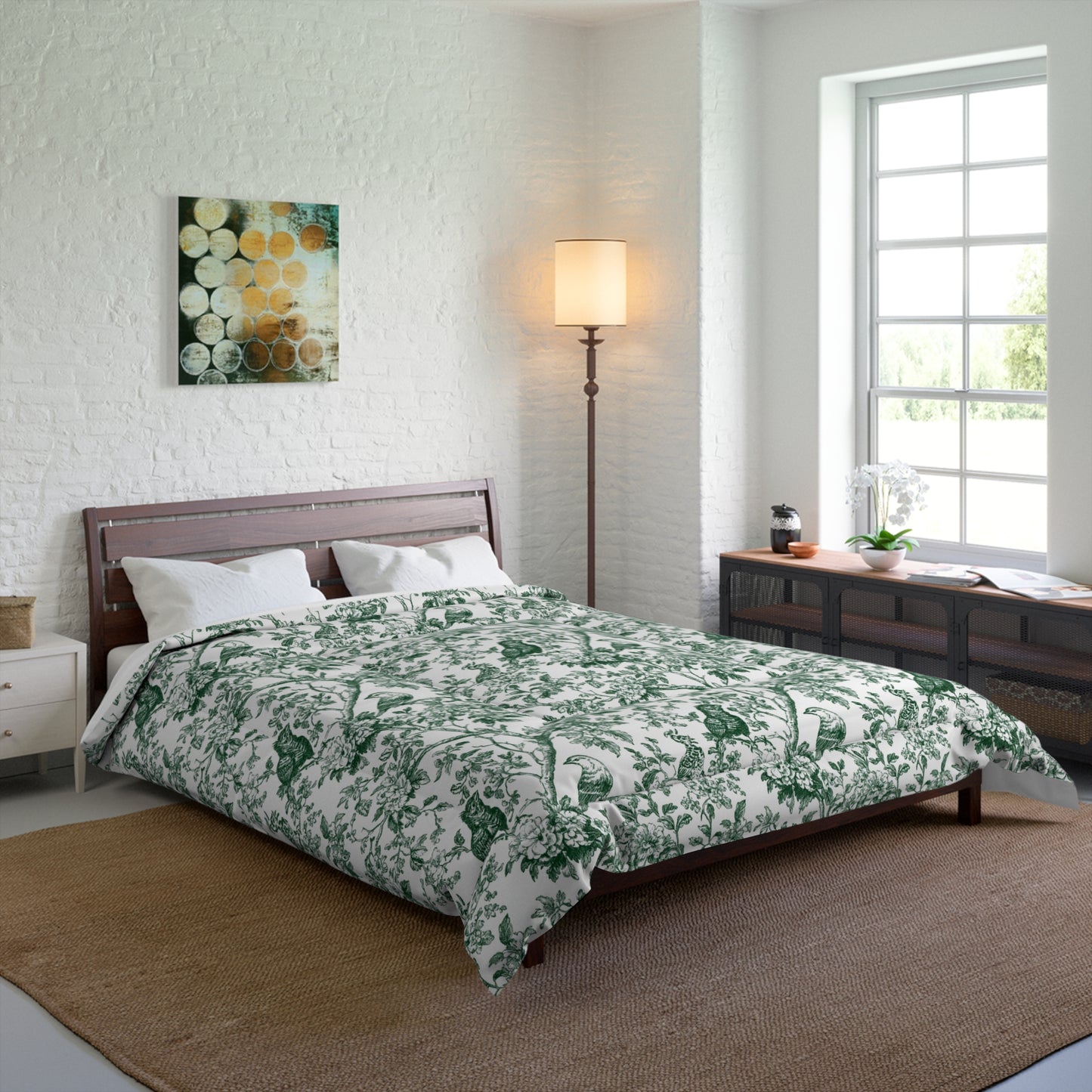 Botanical Bird Comforter - Green Toile Floral Pattern
