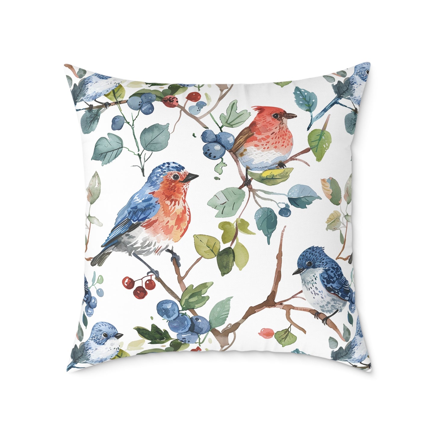 Bird Watercolor Pillow — Blue & Coral Songbirds on Branch Decorative Throw Pillow
