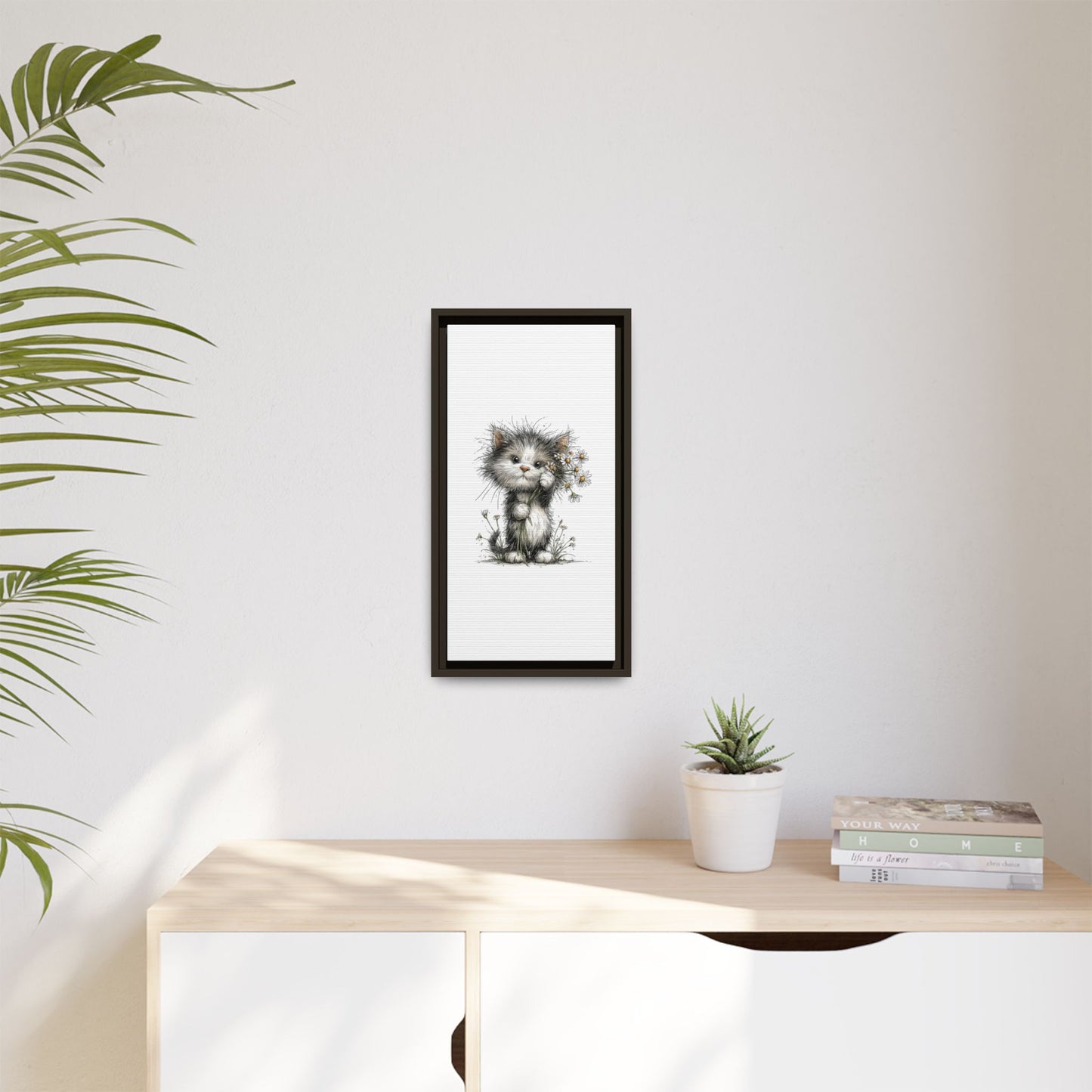 Playful Kitten with Dandelions Matte Canvas Framed Wall Art | Nursery Bedroom Decor