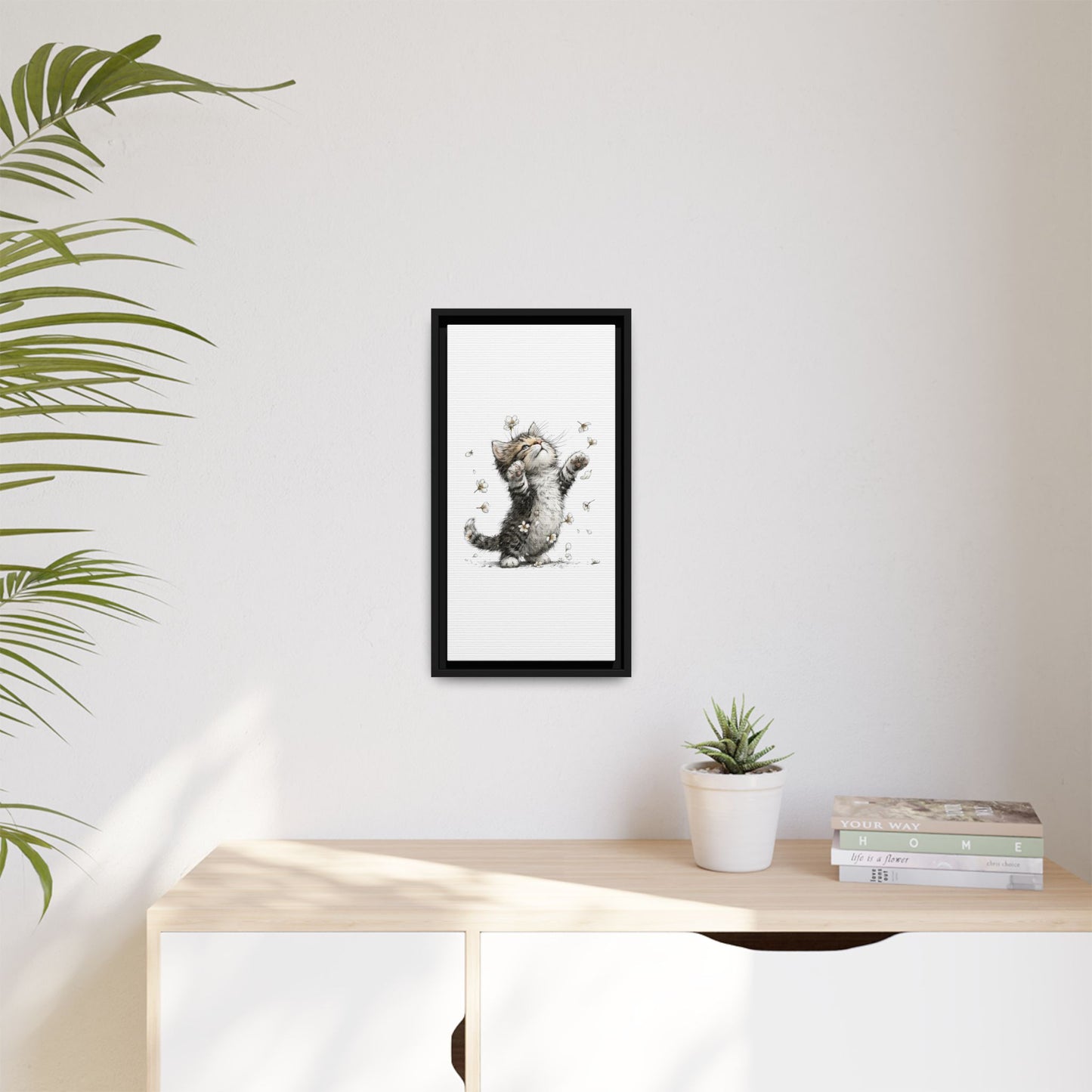 Playful Kitten with Dandelions Matte Canvas Framed Wall Art | Nursery Bedroom Decor