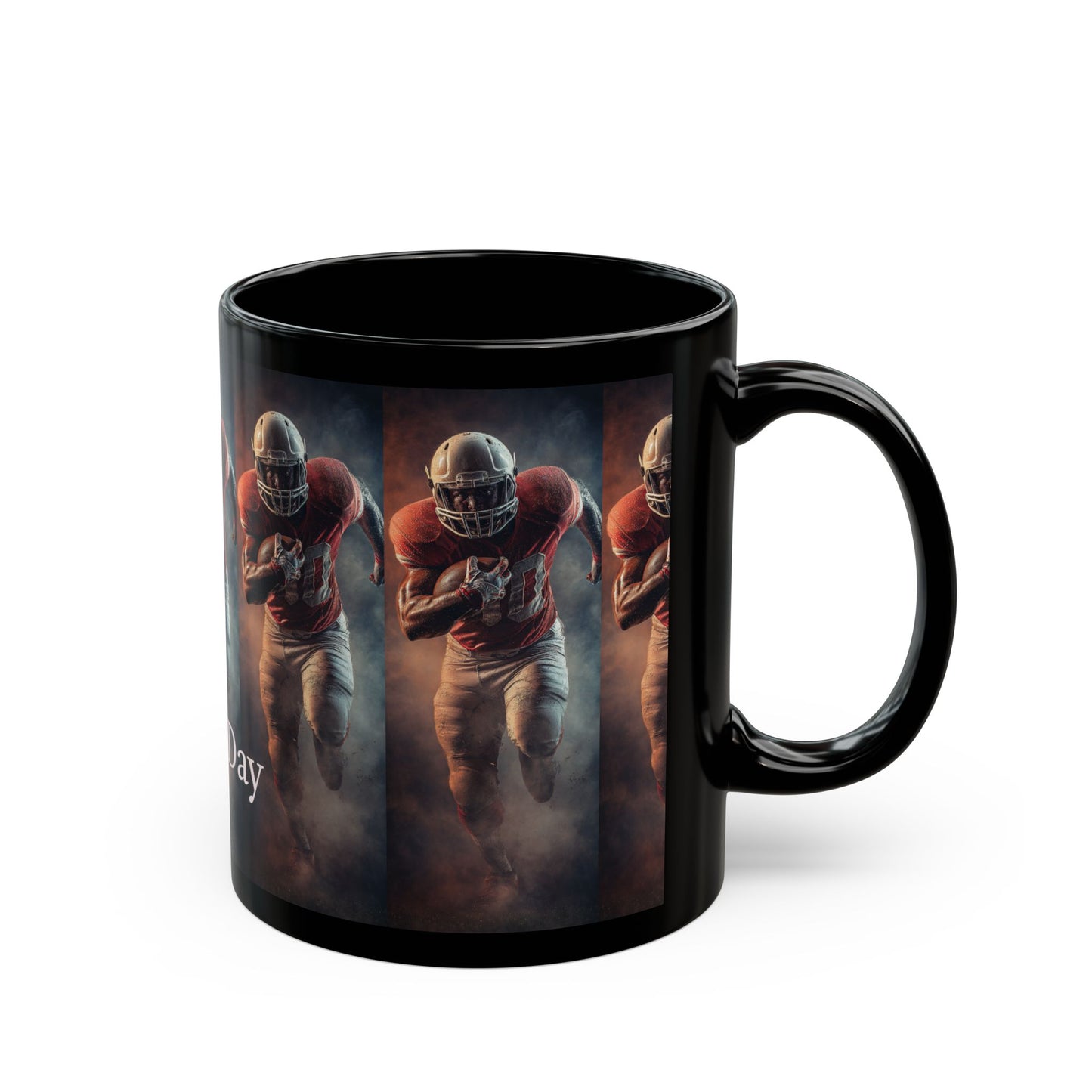 Game Day Football Player Mug — Black Ceramic Sports Coffee Cup (11oz & 15oz)