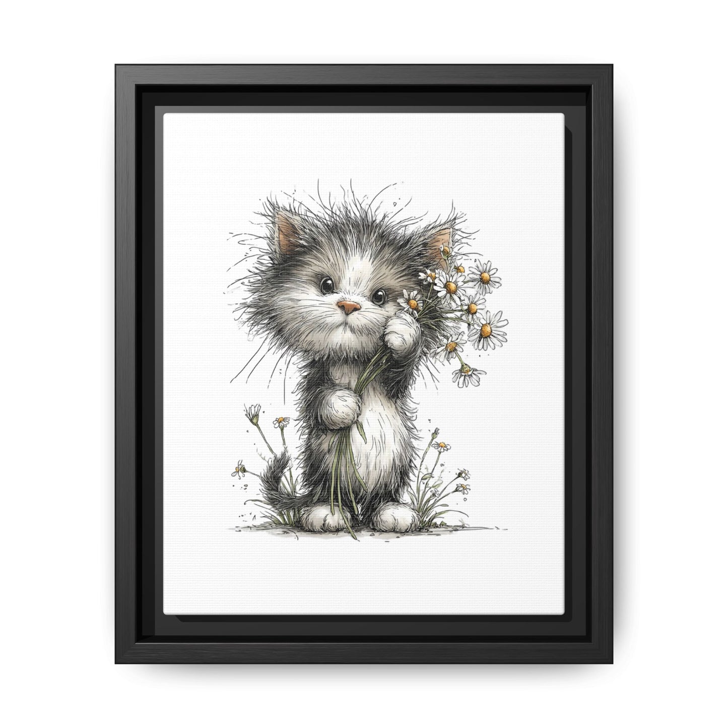 Playful Kitten with Dandelions Matte Canvas Framed Wall Art | Nursery Bedroom Decor