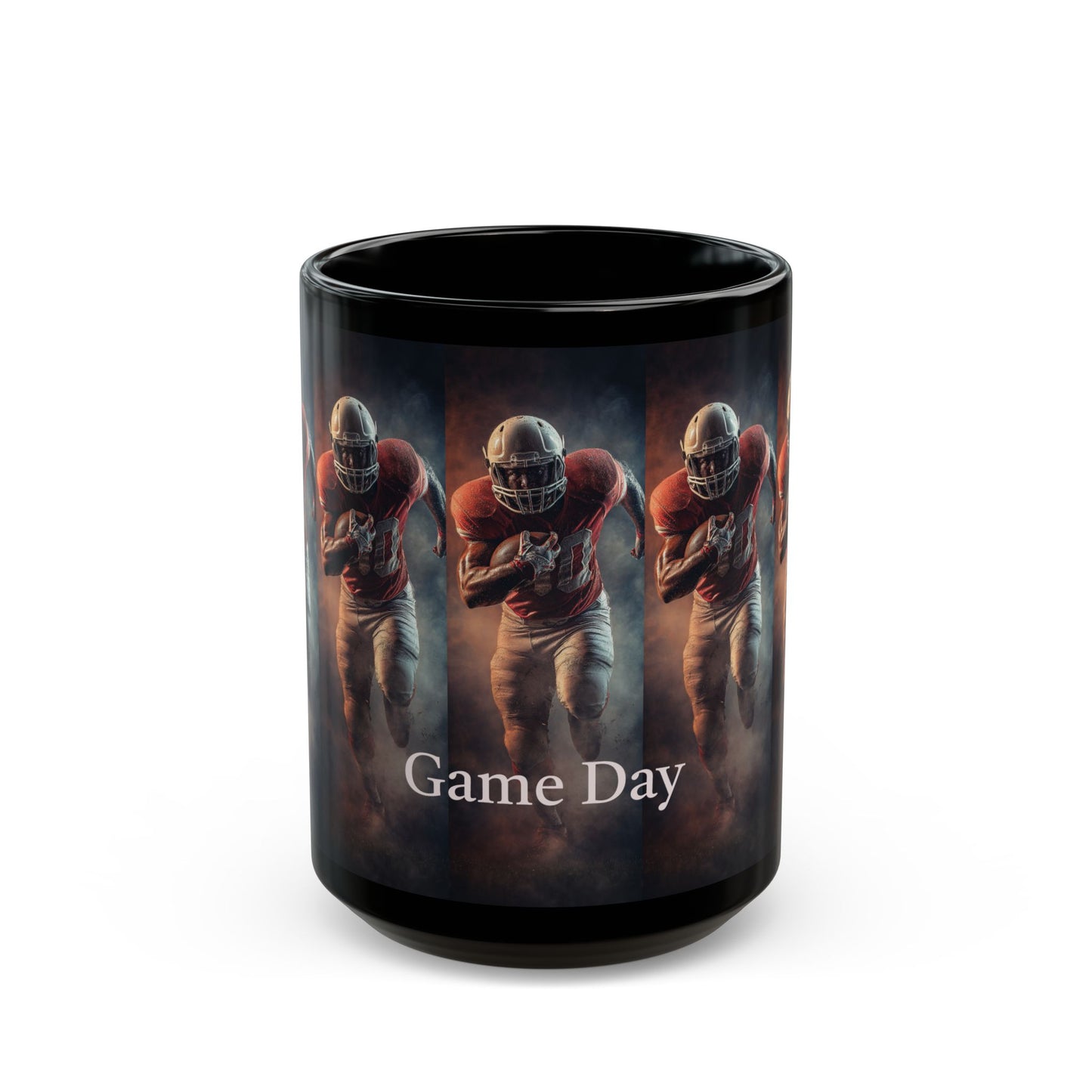 Game Day Football Player Mug — Black Ceramic Sports Coffee Cup (11oz & 15oz)