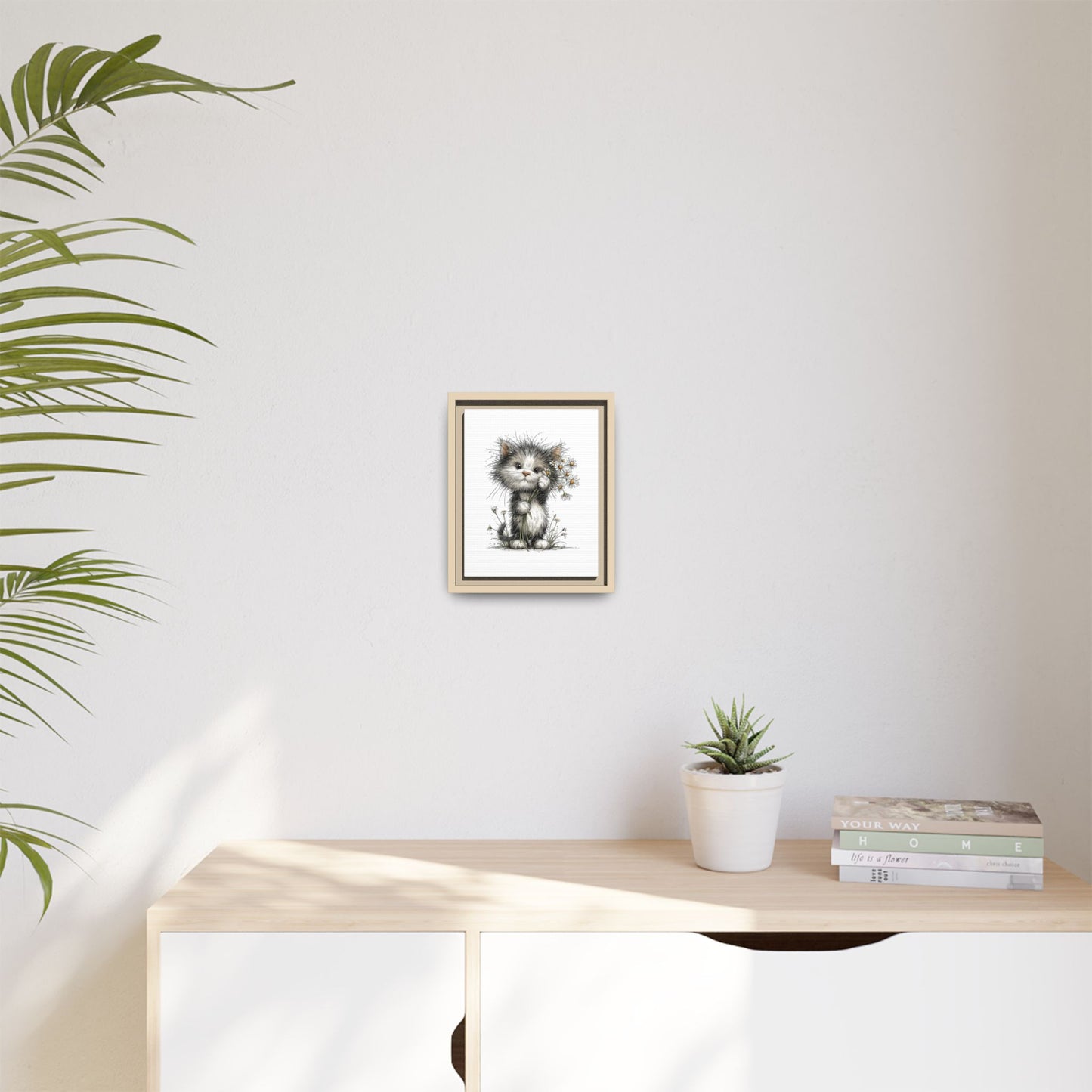 Playful Kitten with Dandelions Matte Canvas Framed Wall Art | Nursery Bedroom Decor
