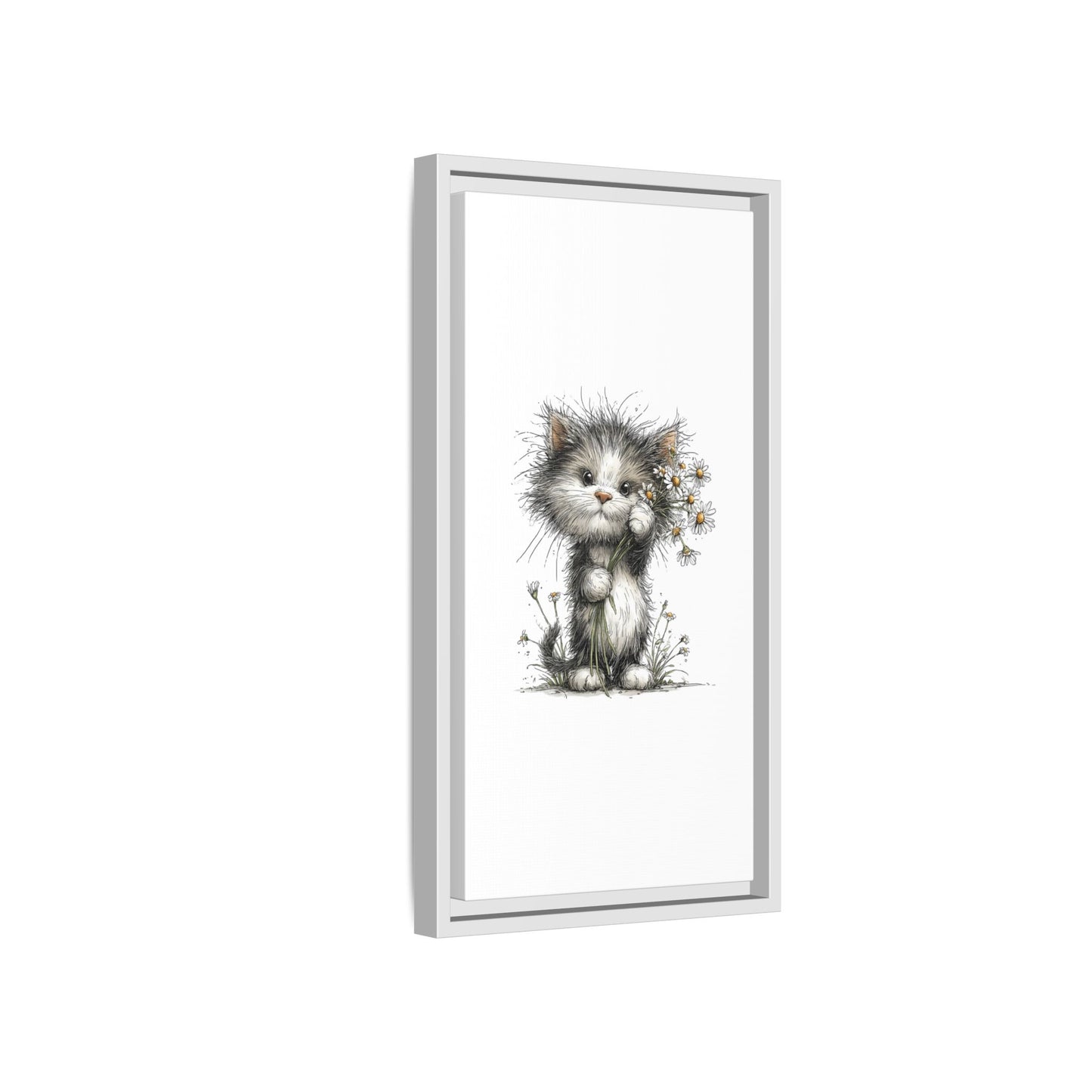 Playful Kitten with Dandelions Matte Canvas Framed Wall Art | Nursery Bedroom Decor