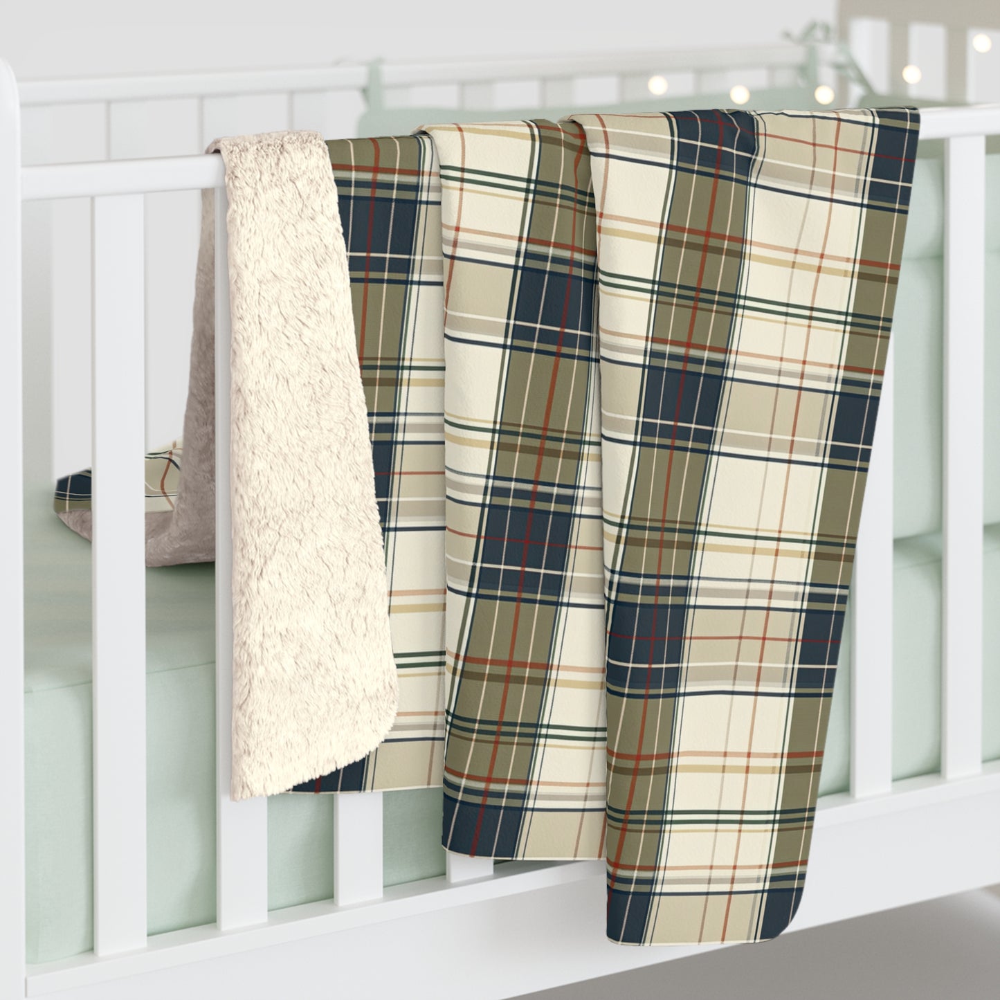 Cozy Plaid Sherpa Blanket – Cream, Navy & Olive Fleece Throw