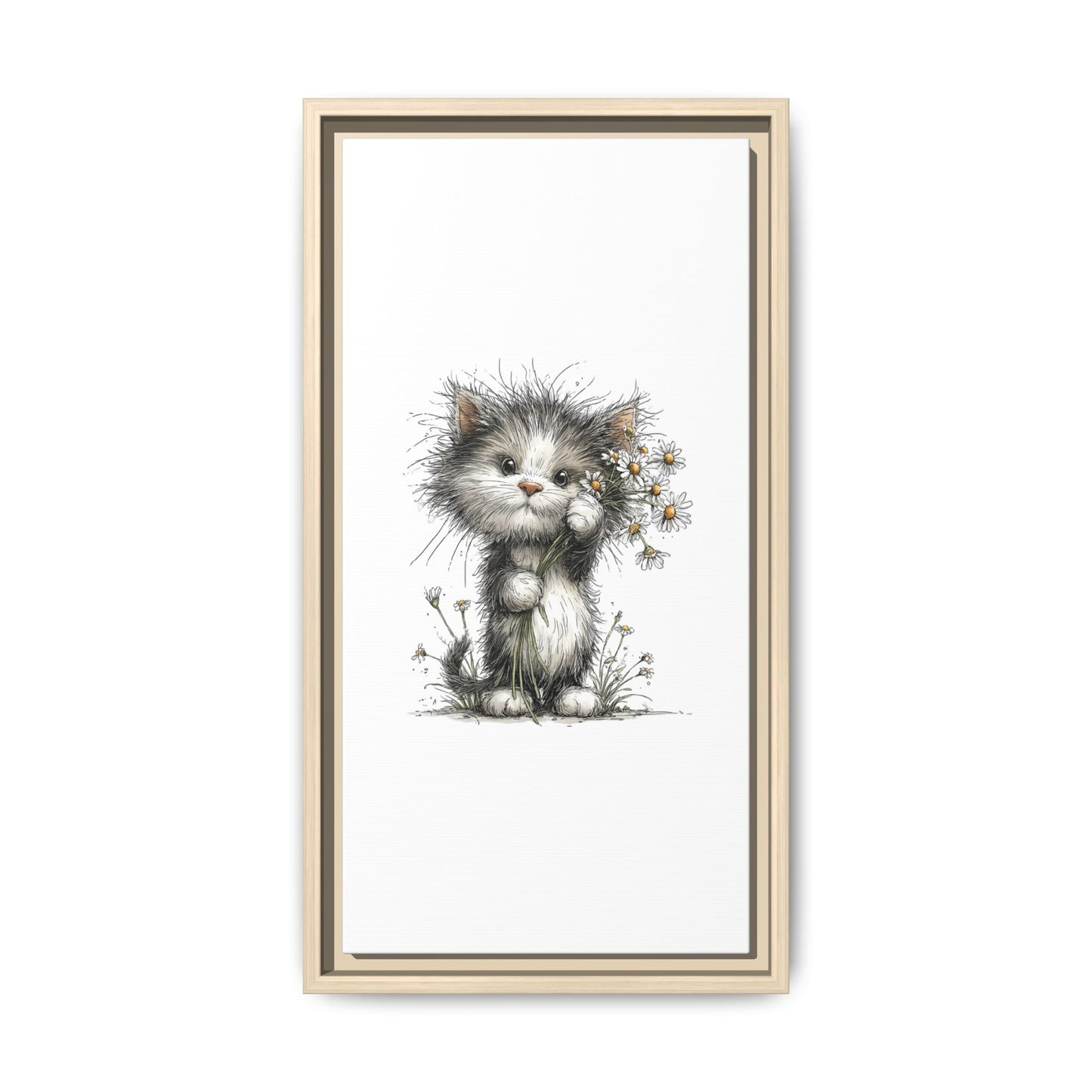 Playful Kitten with Dandelions Matte Canvas Framed Wall Art | Nursery Bedroom Decor